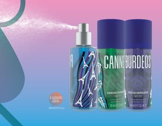 •Adicionada con extractos de origen natural como portulaca y florde loto
• Proporcionan humectación e hidrata a la piel y cabello
• Brinda una sensación de frescura
• Delicioso y delicado aroma
CANNES:
Notas: Magnolia, Peonia y Fressia
PARÍS:
Notas: Manzana, Peonia Fresca, FlordeTiare yAmbrox
BURDEOS:
Notas: Frambuesas Cristalizadas, Florde Manzano y Rosa
Damascena
Refinada y suave bruma especialmente formulada para cuerpo y cabello
con ingredientes de origen natural que humectan, refrescan y envuelven
con una delicada fragancia.
Edición Limitada Viaje internacional Francia.
83ml (3.Fl. O.) e
BENEFICIOS
LOCIONES
REFRESCANTES
precio
sugerido
$ 1,100,00
 
