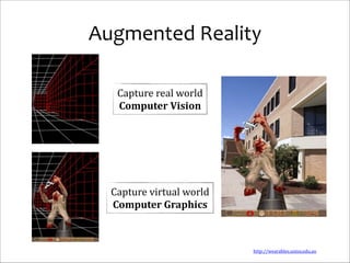 Augmented	
  Reality
Capture	
  real	
  world	
  
Computer	
  Vision

Capture	
  virtual	
  world	
  
Computer	
  Graphics

http://wearables.unisa.edu.au

 