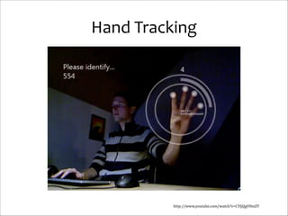 Hand	
  Tracking

http://www.youtube.com/watch?v=CYJjQgV0mZY

 