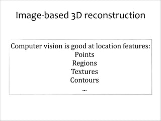 Image-­‐based	
  3D	
  reconstruction
Computer	
  vision	
  is	
  good	
  at	
  location	
  features:	
  
Points	
  
Regions	
  
Textures	
  
Contours	
  
...

 