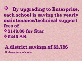 By upgrading to Enterprise, each school is saving the yearly maintenance/technical support fees of  $149.00 for Star  $249 AR A district savings of $2,786 (7 elementary schools) 