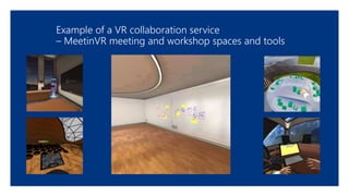 Example of a VR collaboration service
– MeetinVR meeting and workshop spaces and tools
 