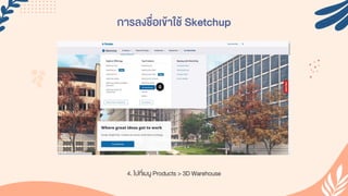 การลงชื่อเข้าใช้ Sketchup
4. ไปที่เมนู Products > 3D Warehouse
 