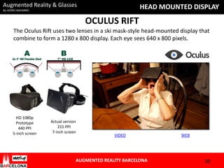 Augmented Reality & Glasses

HEAD MOUNTED DISPLAY

By ISIDRO NAVARRO

OCULUS RIFT
The Oculus Rift uses two lenses in a ski mask-style head-mounted display that
combine to form a 1280 x 800 display. Each eye sees 640 x 800 pixels.

HD 1080p
Prototype
440 PPI
5-inch screen

Actual version
215 PPI
7-inch screen

VIDEO

AUGMENTED REALITY BARCELONA

WEB

20

 