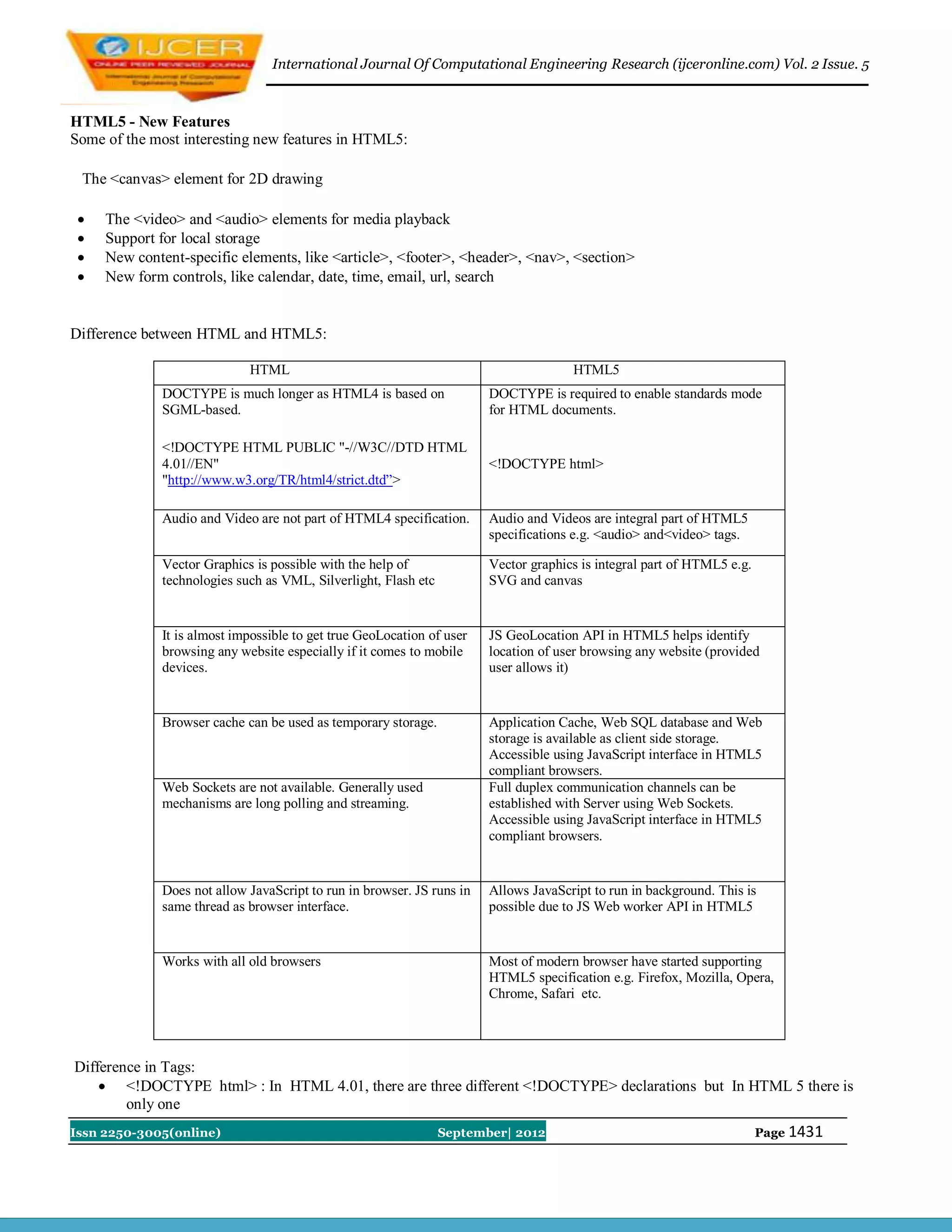 International Journal Of Computational Engineering Research (ijceronline.com) Vol. 2 Issue. 5



HTML5 - New Features
Some of the most interesting new features in HTML5:

 The <canvas> element for 2D drawing

    The <video> and <audio> elements for media playback
    Support for local storage
    New content-specific elements, like <article>, <footer>, <header>, <nav>, <section>
    New form controls, like calendar, date, time, email, url, search


Difference between HTML and HTML5:

                            HTML                                                     HTML5
             DOCTYPE is much longer as HTML4 is based on               DOCTYPE is required to enable standards mode
             SGML-based.                                               for HTML documents.

             <!DOCTYPE HTML PUBLIC "-//W3C//DTD HTML
             4.01//EN"                                                 <!DOCTYPE html>
             "http://www.w3.org/TR/html4/strict.dtd”>

             Audio and Video are not part of HTML4 specification.      Audio and Videos are integral part of HTML5
                                                                       specifications e.g. <audio> and<video> tags.

             Vector Graphics is possible with the help of              Vector graphics is integral part of HTML5 e.g.
             technologies such as VML, Silverlight, Flash etc          SVG and canvas


             It is almost impossible to get true GeoLocation of user   JS GeoLocation API in HTML5 helps identify
             browsing any website especially if it comes to mobile     location of user browsing any website (provided
             devices.                                                  user allows it)


             Browser cache can be used as temporary storage.           Application Cache, Web SQL database and Web
                                                                       storage is available as client side storage.
                                                                       Accessible using JavaScript interface in HTML5
                                                                       compliant browsers.
             Web Sockets are not available. Generally used             Full duplex communication channels can be
             mechanisms are long polling and streaming.                established with Server using Web Sockets.
                                                                       Accessible using JavaScript interface in HTML5
                                                                       compliant browsers.


             Does not allow JavaScript to run in browser. JS runs in   Allows JavaScript to run in background. This is
             same thread as browser interface.                         possible due to JS Web worker API in HTML5


             Works with all old browsers                               Most of modern browser have started supporting
                                                                       HTML5 specification e.g. Firefox, Mozilla, Opera,
                                                                       Chrome, Safari etc.




Difference in Tags:
     <!DOCTYPE html> : In HTML 4.01, there are three different <!DOCTYPE> declarations but In HTML 5 there is
        only one
Issn 2250-3005(online)                                          September| 2012                                         Page 1431
 