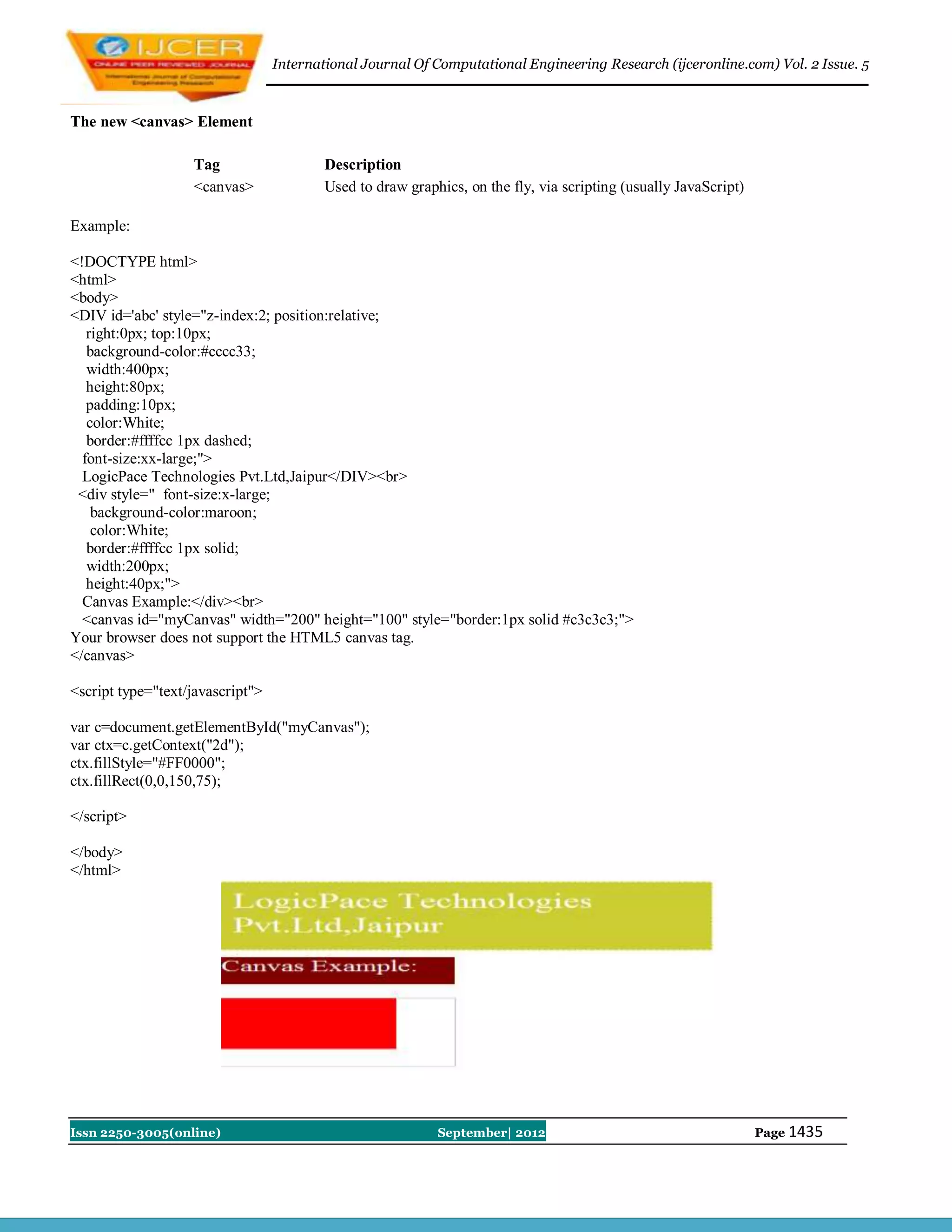 International Journal Of Computational Engineering Research (ijceronline.com) Vol. 2 Issue. 5



The new <canvas> Element

                   Tag                    Description
                   <canvas>               Used to draw graphics, on the fly, via scripting (usually JavaScript)

Example:

<!DOCTYPE html>
<html>
<body>
<DIV id='abc' style="z-index:2; position:relative;
   right:0px; top:10px;
   background-color:#cccc33;
   width:400px;
   height:80px;
   padding:10px;
   color:White;
   border:#ffffcc 1px dashed;
  font-size:xx-large;">
  LogicPace Technologies Pvt.Ltd,Jaipur</DIV><br>
 <div style=" font-size:x-large;
    background-color:maroon;
    color:White;
   border:#ffffcc 1px solid;
   width:200px;
   height:40px;">
  Canvas Example:</div><br>
  <canvas id="myCanvas" width="200" height="100" style="border:1px solid #c3c3c3;">
Your browser does not support the HTML5 canvas tag.
</canvas>

<script type="text/javascript">

var c=document.getElementById("myCanvas");
var ctx=c.getContext("2d");
ctx.fillStyle="#FF0000";
ctx.fillRect(0,0,150,75);

</script>

</body>
</html>




Issn 2250-3005(online)                                      September| 2012                                       Page 1435
 