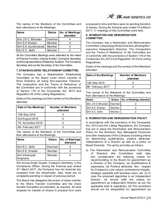 JK Agri Genetics Annual report FY16-17