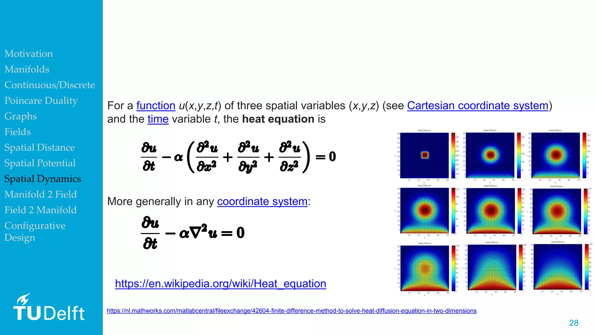 2828
For a function u(x,y,z,t) of three spatial variables (x,y,z) (see Cartesian coordinate system)
and the time variable t, the heat equation is
More generally in any coordinate system:
https://en.wikipedia.org/wiki/Heat_equation
Motivation
Manifolds
Continuous/Discrete
Poincare Duality
Graphs
Fields
Spatial Distance
Spatial Potential
Spatial Dynamics
Manifold 2 Field
Field 2 Manifold
Configurative
Design
https://nl.mathworks.com/matlabcentral/fileexchange/42604-finite-difference-method-to-solve-heat-diffusion-equation-in-two-dimensions
 