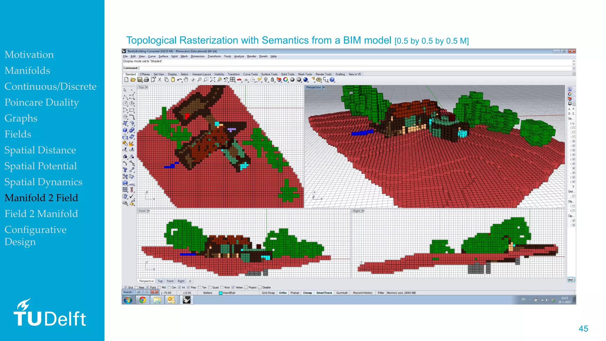 4545
Topological Rasterization with Semantics from a BIM model [0.5 by 0.5 by 0.5 M]
Motivation
Manifolds
Continuous/Discrete
Poincare Duality
Graphs
Fields
Spatial Distance
Spatial Potential
Spatial Dynamics
Manifold 2 Field
Field 2 Manifold
Configurative
Design
 