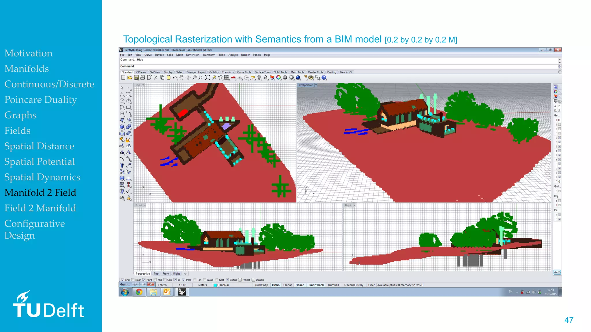 4747
Topological Rasterization with Semantics from a BIM model [0.2 by 0.2 by 0.2 M]
Motivation
Manifolds
Continuous/Discrete
Poincare Duality
Graphs
Fields
Spatial Distance
Spatial Potential
Spatial Dynamics
Manifold 2 Field
Field 2 Manifold
Configurative
Design
 