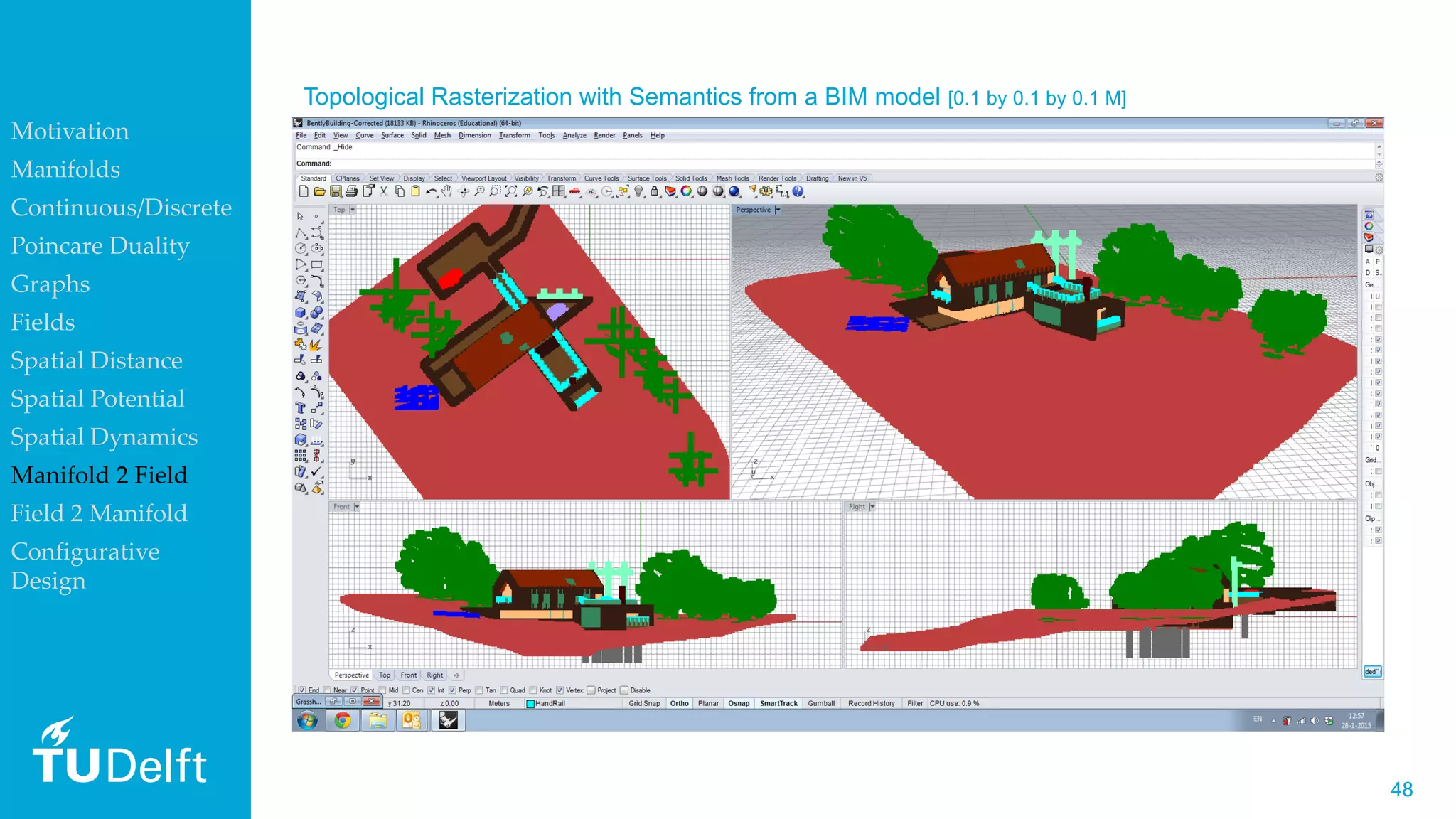 4848
Topological Rasterization with Semantics from a BIM model [0.1 by 0.1 by 0.1 M]
Motivation
Manifolds
Continuous/Discrete
Poincare Duality
Graphs
Fields
Spatial Distance
Spatial Potential
Spatial Dynamics
Manifold 2 Field
Field 2 Manifold
Configurative
Design
 