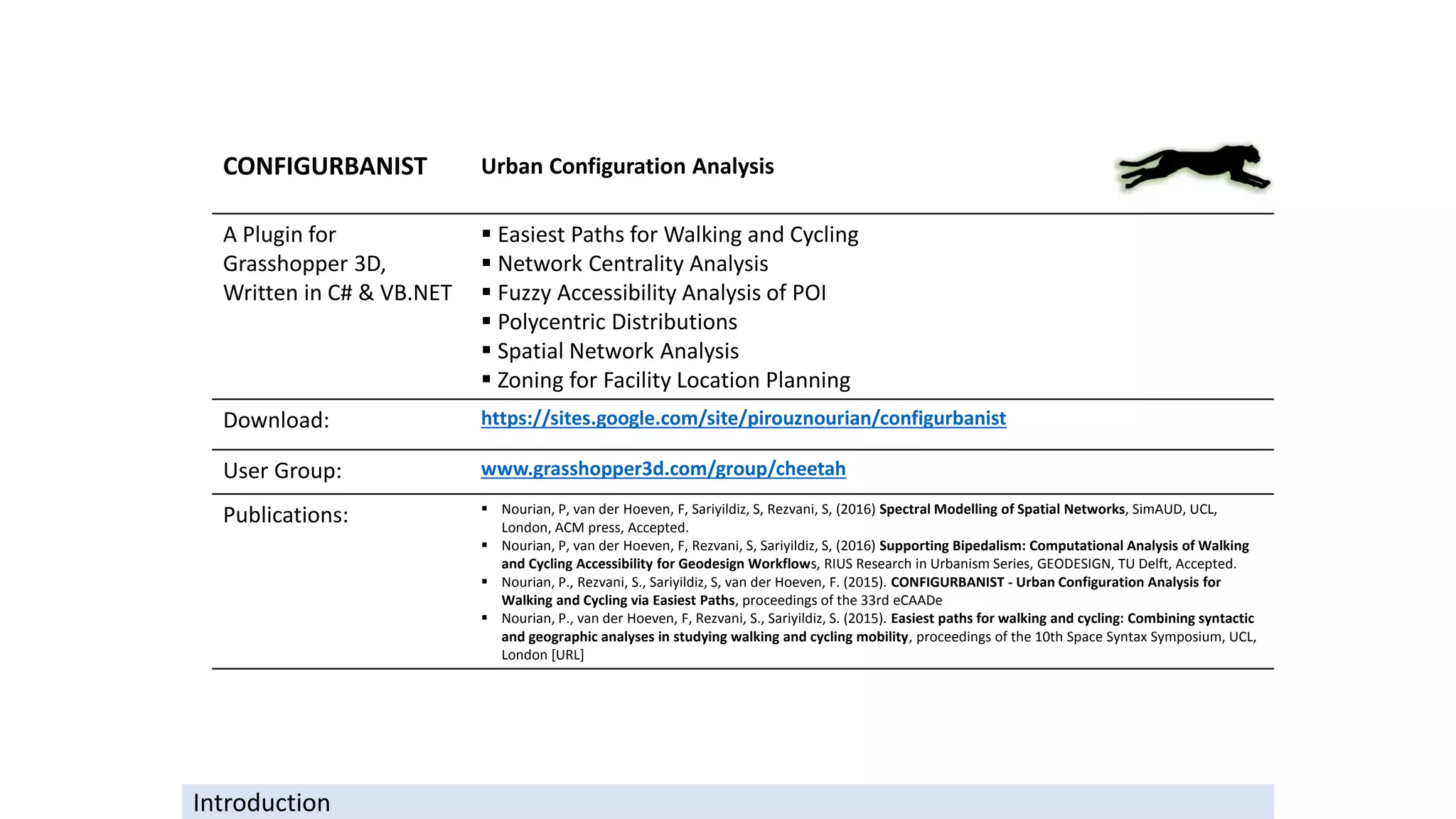 CONFIGURBANIST Urban Configuration Analysis
A Plugin for
Grasshopper 3D,
Written in C# & VB.NET
▪ Easiest Paths for Walking and Cycling
▪ Network Centrality Analysis
▪ Fuzzy Accessibility Analysis of POI
▪ Polycentric Distributions
▪ Spatial Network Analysis
▪ Zoning for Facility Location Planning
Download: https://sites.google.com/site/pirouznourian/configurbanist
User Group: www.grasshopper3d.com/group/cheetah
Publications: ▪ Nourian, P, van der Hoeven, F, Sariyildiz, S, Rezvani, S, (2016) Spectral Modelling of Spatial Networks, SimAUD, UCL,
London, ACM press, Accepted.
▪ Nourian, P, van der Hoeven, F, Rezvani, S, Sariyildiz, S, (2016) Supporting Bipedalism: Computational Analysis of Walking
and Cycling Accessibility for Geodesign Workflows, RIUS Research in Urbanism Series, GEODESIGN, TU Delft, Accepted.
▪ Nourian, P., Rezvani, S., Sariyildiz, S, van der Hoeven, F. (2015). CONFIGURBANIST - Urban Configuration Analysis for
Walking and Cycling via Easiest Paths, proceedings of the 33rd eCAADe
▪ Nourian, P., van der Hoeven, F, Rezvani, S., Sariyildiz, S. (2015). Easiest paths for walking and cycling: Combining syntactic
and geographic analyses in studying walking and cycling mobility, proceedings of the 10th Space Syntax Symposium, UCL,
London [URL]
Introduction
 