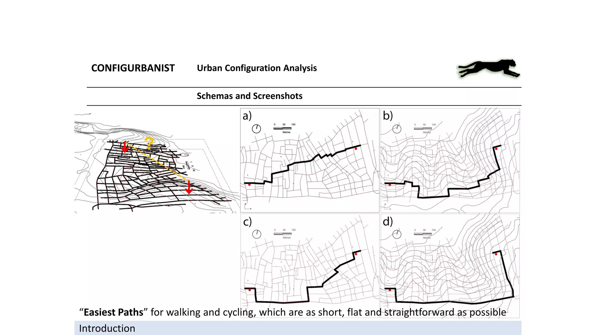 CONFIGURBANIST Urban Configuration Analysis
Schemas and Screenshots
Introduction
“Easiest Paths” for walking and cycling, which are as short, flat and straightforward as possible
 