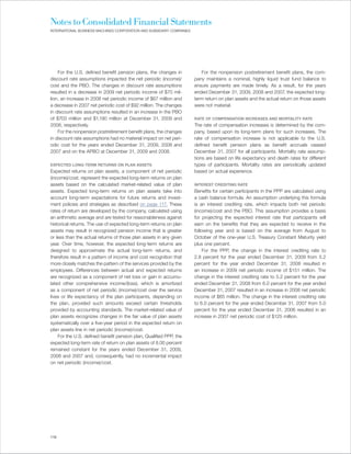Notes to Consolidated Financial Statements
INTERNATIONAL BUSINESS MACHINES CORPORATION AND SUBSIDIARY COMPANIES




    For the U.S. defined benefit pension plans, the changes in            For the nonpension postretirement benefit plans, the com-
discount rate assumptions impacted the net periodic (income)/          pany maintains a nominal, highly liquid trust fund balance to
cost and the PBO. The changes in discount rate assumptions             ensure payments are made timely. As a result, for the years
resulted in a decrease in 2009 net periodic income of $70 mil-         ended December 31, 2009, 2008 and 2007, the expected long-
lion, an increase in 2008 net periodic income of $67 million and       term return on plan assets and the actual return on those assets
a decrease in 2007 net periodic cost of $92 million. The changes       were not material.
in discount rate assumptions resulted in an increase in the PBO
of $703 million and $1,190 million at December 31, 2009 and            RATE OF COMPENSATION INCREASES AND MORTALITY RATE
2008, respectively.                                                    The rate of compensation increases is determined by the com-
    For the nonpension postretirement benefit plans, the changes       pany, based upon its long-term plans for such increases. The
in discount rate assumptions had no material impact on net peri-       rate of compensation increase is not applicable to the U.S.
odic cost for the years ended December 31, 2009, 2008 and              defined benefit pension plans as benefit accruals ceased
2007 and on the APBO at December 31, 2009 and 2008.                    December 31, 2007 for all participants. Mortality rate assump-
                                                                       tions are based on life expectancy and death rates for different
EXPECTED LONG-TERM RETURNS ON PLAN ASSETS                              types of participants. Mortality rates are periodically updated
Expected returns on plan assets, a component of net periodic           based on actual experience.
(income)/cost, represent the expected long-term returns on plan
assets based on the calculated market-related value of plan            INTEREST CREDITING RATE
assets. Expected long-term returns on plan assets take into            Benefits for certain participants in the PPP are calculated using
account long-term expectations for future returns and invest-          a cash balance formula. An assumption underlying this formula
ment policies and strategies as described on page 117. These           is an interest crediting rate, which impacts both net periodic
rates of return are developed by the company, calculated using         (income)/cost and the PBO. This assumption provides a basis
an arithmetic average and are tested for reasonableness against        for projecting the expected interest rate that participants will
historical returns. The use of expected long-term returns on plan      earn on the benefits that they are expected to receive in the
assets may result in recognized pension income that is greater         following year and is based on the average from August to
or less than the actual returns of those plan assets in any given      October of the one-year U.S. Treasury Constant Maturity yield
year. Over time, however, the expected long-term returns are           plus one percent.
designed to approximate the actual long-term returns, and                   For the PPP, the change in the interest crediting rate to
therefore result in a pattern of income and cost recognition that      2.8 percent for the year ended December 31, 2009 from 5.2
more closely matches the pattern of the services provided by the       percent for the year ended December 31, 2008 resulted in
employees. Differences between actual and expected returns             an increase in 2009 net periodic income of $151 million. The
are recognized as a component of net loss or gain in accumu-           change in the interest crediting rate to 5.2 percent for the year
lated other comprehensive income/(loss), which is amortized            ended December 31, 2008 from 6.0 percent for the year ended
as a component of net periodic (income)/cost over the service          December 31, 2007 resulted in an increase in 2008 net periodic
lives or life expectancy of the plan participants, depending on        income of $65 million. The change in the interest crediting rate
the plan, provided such amounts exceed certain thresholds              to 6.0 percent for the year ended December 31, 2007 from 5.0
provided by accounting standards. The market-related value of          percent for the year ended December 31, 2006 resulted in an
plan assets recognizes changes in the fair value of plan assets        increase in 2007 net periodic cost of $125 million.
systematically over a five-year period in the expected return on
plan assets line in net periodic (income)/cost.
    For the U.S. defined benefit pension plan, Qualified PPP, the
expected long-term rate of return on plan assets of 8.00 percent
remained constant for the years ended December 31, 2009,
2008 and 2007 and, consequently, had no incremental impact
on net periodic (income)/cost.




116
 