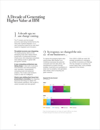 A Decade of Generating
Higher Value at IBM


   1     A decade ago, we
         saw change coming.
    The IT industry and the broader
    economy were being transformed by the
    rising tide of global integration, by a
    new computing model and by new client
    needs for integration and innovation.




                                                  2         In response, we changed the mix
    The global economy was integrating.
    The rapidly growing nations of the
    developing world were making historic                   of our businesses . . .
    investments in fundamental business
    infrastructure. And enterprises everywhere    To capture the emerging higher-value                    From 2000 to 2009 we made 108
    were seeking access to global skills          opportunities, IBM divested com-                        strategic acquisitions to strengthen
    and growth markets.                           moditizing businesses like personal                     our portfolio of products and offerings.
    A new computing architecture was              computers and hard disk drives, and                     This has changed our business mix
    taking shape. It was built on pervasive       strengthened its position through                       toward higher-value, more profitable
    instrumentation and interconnectivity,        strategic investments and acquisitions in               segments of the industry.
    open standards, unprecedented                 areas such as analytics, next-generation
    computing power and advanced                  data centers, cloud computing and
    analytics. This model could transform         green solutions.
    oceans of data into intelligence.

    Clients were shifting their focus from        Segment Pre-tax Income*
    productivity to innovation. By integrating    ( $ in billions )
    advanced technology far deeper into
    their business operations, they sought to     2000**
    unlock innovation and drive growth.            2.7           1.2      4.5                2.8



                                                    24%             11% 40%                   25%




                                                  2009

                                                  1.4      1.7      8.1                                     8.1



                                                    7%      9%         42%                                   42%




                                                         Hardware               Financing     Services            Software


                                                  * Sum of external segment pre-tax income not equal to IBM pre-tax income
                                                 ** Excludes Enterprise Investments and stock-based compensation




    10
 