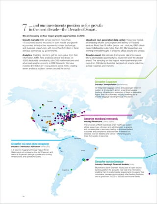 7 in the next decade—the Decade of Smart.
                    . . . and our investments position us for growth

             We are focusing on four major growth opportunities in 2010 :
             Growth markets: IBM serves clients in more than                                Cloud and next-generation data center: These new models
             170 countries around the world. In both mature and growth                      are enabling efficient consumption and delivery of IT-based
             economies, infrastructure represents a major technology                        services. More than 18 million people use LotusLive, IBM’s cloud-
             and business opportunity, with more than $ 2 trillion in fiscal                based collaboration suite. More than 200 IBM researchers are
             stimulus earmarked by governments.                                             working on breakthroughs in areas like cloud security and privacy.

             Analytics: Enabling clients to get far more value from their                   Smarter planet: We estimate that smarter planet increases
             information, IBM’s new analytics service line draws on                         IBM’s addressable opportunity by 40 percent over the decade
             4,000 dedicated consultants, plus 200 mathematicians and                       ahead. The sampling on this map of recent partnerships with
             advanced analytics experts in IBM Research. We have                            more than 300 clients illustrates the reach of smarter solutions
             invested $10 billion in 14 acquisitions since 2005, creating                   across industries and markets.
             seven analytics solution centers around the world.




                                                                                                      Smarter luggage  
                                                                                                      Industry: Transportation (Netherlands)
                                                                                                      An integrated baggage-control and passenger-check-in
                                                                                                      system at Amsterdam’s airport streamlines luggage
                                                                                                      tracking, offloading and redirection of bags on alternative
                                                                                                      flights, and fully automated security screening for all
                                                                                                      transfer baggage travelling through the airport.

                                          Canada




                                   United States
                                                                                       Smarter medical research  
                                                                                       Industry: Healthcare (United States)
                                                                                       The University of North Carolina’s smart healthcare system
                                    Mexico                                             allows researchers, clinicians and administrators to analyze
                                                                                       and correlate data in new ways, leading to improved patient
                                                                                       outcomes and compliance, and advances in research on
                                                                                       diseases such as diabetes and cancer—shortening query
                                                                                       times from weeks to seconds.
                                                                       Venezuela


Smarter oil and gas imaging
Industry: Chemicals & Petroleum (Venezuela)
3-D seismic imaging technology helped Tricon                                       Brazil
                                                       Peru
Geophysics cut processing time by 50 percent and
realize a 40-percent savings in power and cooling
infrastructure, and operational costs.

                                                                                                      Smarter microfinance  
                                                                                                      Industry: Banking & Financial Markets (India)
                                                                                                      Microfinance bank Grameen Koota uses an open-source
                                                         Argentina                                    banking platform for accurate, near-real-time information,
                                                                                                      enabling them to predict capital requirements; to expand their
                                                                                                      microloans, insurance accounts and other banking functions;
                                                                                                      and to grow from 70,000 to 350,000 low-income clients.




             14
 