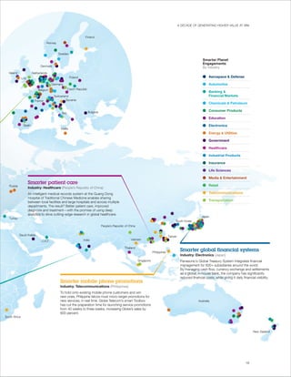 A DECADE OF GENERATING HIGHER VALUE AT IBM


                                                                   Finland
                                   Norway


                                            Sweden

                                                                                                                                                                     Smarter Planet
                                                                                                                                                                     Engagements
                              Denmark                                                                                                                                By industry
   Ireland              Netherlands
               U.K.                                     Poland                                                                                                            Aerospace & Defense

                                        Germany                                                                                                                           Automotive
                             Belgium                   Czech Republic
                                                                                                                                                                         Banking &
                                         Switzerland                                                                                                                     Financial Markets
                          France                  Slovenia
                                                                                                                                                                          Chemicals & Petroleum

                                                                        Bulgaria                                                                                          Consumer Products
                                               Italy
                                                                                                                                                                          Education

                Spain                                                                                                                                                     Electronics
                                              Malta
                                                                                                                                                                          Energy & Utilities

                                                                                                                                                                          Government

                                                                                                                                                                          Healthcare

                                                                                                                                                                          Industrial Products

                                                                                                                                                                          Insurance

                                                                                                                                                                          Life Sciences

                                                                                                                                                                          Media & Entertainment
                      Smarter patient care                                                                                                                                Retail
   Russia
                      Industry: Healthcare (People’s Republic of China)
                      An intelligent medical records system at the Guang Dong                                                                                             Telecommunications
                      Hospital of Traditional Chinese Medicine enables sharing
                      between local facilities and large hospitals and across multiple                                                                                    Transportation
                      departments. The result? Better patient care, improved
                      diagnosis and treatment—with the promise of using deep
                      analytics to drive cutting-edge research in global healthcare.
                                                                                                                                                                    Japan
   Turkey
                                                                                                                                               South Korea
                                                                                   People’s Republic of China


             Saudi Arabia                                                                                                                 Taiwan
                               U.A.E.                             India                                  Vietnam

                                                                                                    Thailand
                                                                                                                            Philippines
                                                                                                                                                    Smarter global financial systems
                                                                                                                                                    Industry: Electronics (Japan)
                                                                                                                Singapore                           Panasonic’s Global Treasury System integrates financial
                                                                                                                                                    management for 600+ subsidiaries around the world.
                                                                                                                                                    By managing cash flow, currency exchange and settlements
                                                                                                                                                    as a global, in-house bank, the company has significantly
                                                                                                                                                    reduced financial costs, while giving it daily financial visibility.
                                             Smarter mobile phone promotions
                                             Industry: Telecommunications (Philippines)
                                             To hold onto existing mobile phone customers and win
                                             new ones, Philippine telcos must micro-target promotions for
                                             new services, in real time. Globe Telecom’s smart Toolbox                                                            Australia
                                             has cut the preparation time for launching service promotions
                                             from 40 weeks to three weeks, increasing Globe’s sales by
                                             600 percent.
South Africa



                                                                                                                                                                                                           New Zealand




                                                                                                                                                                                                      15
 