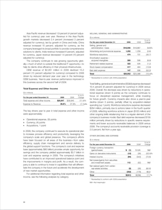 Asia Pacific revenue decreased 1.9 percent (4 percent adjus-                SELLING, GENERAL AND ADMINISTRATIVE
ted for currency) year over year. Revenue in the Asia Pacific                   ($ in millions)
growth markets decreased 2.4 percent (increased 3 percent                                                                                             Yr.-to-Yr.
adjusted for currency), led by growth in China and India. China                 For the year ended December 31:                    2009       2008*   Change

revenue increased 10 percent, adjusted for currency, as the                     Selling, general and
company leveraged its broad portfolio to provide comprehensive                   administrative — base                      $18,056        $19,967        (9.6)%

solutions to clients. India revenue increased 6 percent, adjusted               Advertising and promotional expense            1,252         1,259        (0.6)
for currency. Japan revenue decreased 1.4 percent (10 percent                   Workforce reductions                                474       737       (35.7)
adjusted for currency).                                                         Amortization expense —
    The company continues to see growing opportunity glob-                       acquired intangibles                               285       306         (6.9)
ally—much of which is outside the traditional IT opportunity—to                 Retirement-related expense                          322       326         (1.2)
help its clients drive efficiency in their physical infrastructures.            Stock-based compensation                            417       484       (13.9)
    OEM revenue of $2,281 million in 2009 declined 15.2                         Bad debt expense                                    147       306       (52.0)
percent (15 percent adjusted for currency) compared to 2008                     Total                                       $20,952        $23,386      (10.4)%
driven by reduced demand year over year in the technology
                                                                                * Reclassified to conform with 2009 presentation.
OEM business. Year-to-year revenue performance improved in
this business across the second half of 2009.
                                                                                Total Selling, general and administrative (SG&A) expense decreased
                                                                                10.4 percent (8 percent adjusted for currency) in 2009 versus
Total Expense and Other Income
                                                                                2008. Overall, the decrease was driven by reductions in opera-
($ in millions)                                                                 tional expense (down 9 points) as the company continues to
                                                               Yr.-to-Yr.       focus on disciplined expense management, while investing
For the year ended December 31:           2009        2008     Change
                                                                                for future growth. Currency impacts also drove a year-to-year
Total expense and other income         $25,647    $28,945        (11.4)%
                                                                                decline (down 3 points), partially offset by acquisition-related
Expense to Revenue                        26.8%       27.9%        (1.1) pts.
                                                                                spending (up 1 point). Workforce reductions expense decreased
                                                                                $264 million, primarily due to actions taken in the fourth quarter
The key drivers year to year in total expense and other income                  of 2008, reflecting workforce actions in Japan ($120 million) and
were approximately:                                                             other ongoing skills rebalancing that is a regular element of the
                                                                                company’s business model. Bad debt expense decreased $159
•    Operational expense, (9) points                                            million primarily driven by reductions in specific reserve require-
•    Currency, (4) points                                                       ments and lower accounts receivable balances in 2009 versus
•    Acquisitions, 1 point                                                      2008. The company’s accounts receivable provision coverage is
                                                                                2.0 percent, flat from a year ago.
In 2009, the company continued to execute its operational plan
to increase process efficiency and productivity; leveraging the
                                                                                OTHER (INCOME) AND EXPENSE
company’s scale and global presence. The company’s efforts
have been focused on all areas of the business—from sales                       ($ in millions)
                                                                                                                                                      Yr.-to-Yr.
efficiency, supply chain management and service delivery to                     For the year ended December 31:                    2009       2008*   Change
the global support functions. The company’s cost and expense
                                                                                Foreign currency transaction
base (approximately $80 billion) provides ample opportunity for                   (gains)/losses                               $     (1)     $ 328         NM
savings and the company yielded approximately $3.7 billion in                   Gains on derivative instruments                     (12)       (26)     (53.4)%
cost and expense savings in 2009. The company’s initiatives
                                                                                Interest income                                     (94)      (343)     (72.6)
have contributed to an improved operational balance point and
                                                                                Net losses/(gains) from securities
the improvements in margins and profit. As a result, the com-                    and investment assets                              112        (52)        NM
pany is able to continue to invest in capabilities that will differen-
                                                                                Net realized gains from certain
tiate the company in the future and accelerate the development                   real estate activities                              (5)       (26)     (82.6)
of new market opportunities.                                                    Other                                           (352)         (179)      96.8
     For additional information regarding total expense and other
                                                                                Total                                          $(351)        $(298)      17.7%
income, see the following analyses by category.
                                                                                * Reclassified to conform with 2009 presentation.
                                                                                NM—Not meaningful




32
 