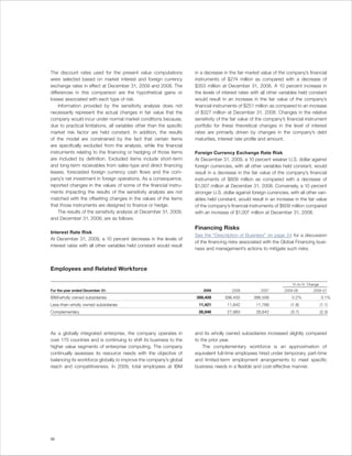 The discount rates used for the present value computations            in a decrease in the fair market value of the company’s financial
were selected based on market interest and foreign currency           instruments of $274 million as compared with a decrease of
exchange rates in effect at December 31, 2009 and 2008. The           $353 million at December 31, 2008. A 10 percent increase in
differences in this comparison are the hypothetical gains or          the levels of interest rates with all other variables held constant
losses associated with each type of risk.                             would result in an increase in the fair value of the company’s
    Information provided by the sensitivity analysis does not         financial instruments of $251 million as compared to an increase
necessarily represent the actual changes in fair value that the       of $327 million at December 31, 2008. Changes in the relative
company would incur under normal market conditions because,           sensitivity of the fair value of the company’s financial instrument
due to practical limitations, all variables other than the specific   portfolio for these theoretical changes in the level of interest
market risk factor are held constant. In addition, the results        rates are primarily driven by changes in the company’s debt
of the model are constrained by the fact that certain items           maturities, interest rate profile and amount.
are specifically excluded from the analysis, while the financial
instruments relating to the financing or hedging of those items       Foreign Currency Exchange Rate Risk
are included by definition. Excluded items include short-term         At December 31, 2009, a 10 percent weaker U.S. dollar against
and long-term receivables from sales-type and direct financing        foreign currencies, with all other variables held constant, would
leases, forecasted foreign currency cash flows and the com-           result in a decrease in the fair value of the company’s financial
pany’s net investment in foreign operations. As a consequence,        instruments of $609 million as compared with a decrease of
reported changes in the values of some of the financial instru-       $1,007 million at December 31, 2008. Conversely, a 10 percent
ments impacting the results of the sensitivity analysis are not       stronger U.S. dollar against foreign currencies, with all other vari-
matched with the offsetting changes in the values of the items        ables held constant, would result in an increase in the fair value
that those instruments are designed to finance or hedge.              of the company’s financial instruments of $609 million compared
    The results of the sensitivity analysis at December 31, 2009,     with an increase of $1,007 million at December 31, 2008.
and December 31, 2008, are as follows:

                                                                      Financing Risks
Interest Rate Risk
                                                                      See the “Description of Business” on page 24 for a discussion
At December 31, 2009, a 10 percent decrease in the levels of
                                                                      of the financing risks associated with the Global Financing busi-
interest rates with all other variables held constant would result
                                                                      ness and management’s actions to mitigate such risks.



Employees and Related Workforce

                                                                                                                         Yr.-to-Yr. Change
For the year ended December 31:                                           2009           2008           2007        2009-08           2008-07

IBM/wholly owned subsidiaries                                         399,409        398,455        386,558             0.2%                 3.1%
Less-than-wholly owned subsidiaries                                     11,421        11,642          11,769            (1.9)                (1.1)
Complementary                                                           26,946        27,983          28,642            (3.7)                (2.3)




As a globally integrated enterprise, the company operates in          and its wholly owned subsidiaries increased slightly compared
over 170 countries and is continuing to shift its business to the     to the prior year.
higher value segments of enterprise computing. The company                The complementary workforce is an approximation of
continually assesses its resource needs with the objective of         equivalent full-time employees hired under temporary, part-time
balancing its workforce globally to improve the company’s global      and limited-term employment arrangements to meet specific
reach and competitiveness. In 2009, total employees at IBM            business needs in a flexible and cost-effective manner.




56
 