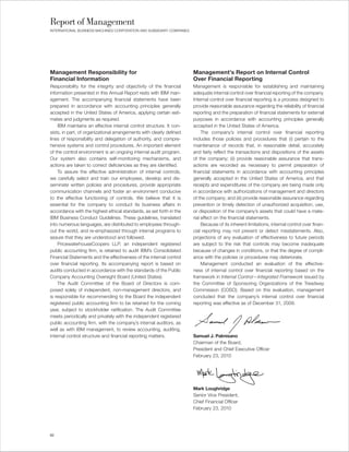 Report of Management
INTERNATIONAL BUSINESS MACHINES CORPORATION AND SUBSIDIARY COMPANIES




Management Responsibility for                                          Management’s Report on Internal Control
Financial Information                                                  Over Financial Reporting
Responsibility for the integrity and objectivity of the financial      Management is responsible for establishing and maintaining
information presented in this Annual Report rests with IBM man-        adequate internal control over financial reporting of the company.
agement. The accompanying financial statements have been               Internal control over financial reporting is a process designed to
prepared in accordance with accounting principles generally            provide reasonable assurance regarding the reliability of financial
accepted in the United States of America, applying certain esti-       reporting and the preparation of financial statements for external
mates and judgments as required.                                       purposes in accordance with accounting principles generally
    IBM maintains an effective internal control structure. It con-     accepted in the United States of America.
sists, in part, of organizational arrangements with clearly defined         The company’s internal control over financial reporting
lines of responsibility and delegation of authority, and compre-       includes those policies and procedures that (i) pertain to the
hensive systems and control procedures. An important element           maintenance of records that, in reasonable detail, accurately
of the control environment is an ongoing internal audit program.       and fairly reflect the transactions and dispositions of the assets
Our system also contains self-monitoring mechanisms, and               of the company; (ii) provide reasonable assurance that trans-
actions are taken to correct deficiencies as they are identified.      actions are recorded as necessary to permit preparation of
    To assure the effective administration of internal controls,       financial statements in accordance with accounting principles
we carefully select and train our employees, develop and dis-          generally accepted in the United States of America, and that
seminate written policies and procedures, provide appropriate          receipts and expenditures of the company are being made only
communication channels and foster an environment conducive             in accordance with authorizations of management and directors
to the effective functioning of controls. We believe that it is        of the company; and (iii) provide reasonable assurance regarding
essential for the company to conduct its business affairs in           prevention or timely detection of unauthorized acquisition, use,
accordance with the highest ethical standards, as set forth in the     or disposition of the company’s assets that could have a mate-
IBM Business Conduct Guidelines. These guidelines, translated          rial effect on the financial statements.
into numerous languages, are distributed to employees through-              Because of its inherent limitations, internal control over finan-
out the world, and re-emphasized through internal programs to          cial reporting may not prevent or detect misstatements. Also,
assure that they are understood and followed.                          projections of any evaluation of effectiveness to future periods
    PricewaterhouseCoopers LLP, an independent registered              are subject to the risk that controls may become inadequate
public accounting firm, is retained to audit IBM’s Consolidated        because of changes in conditions, or that the degree of compli-
Financial Statements and the effectiveness of the internal control     ance with the policies or procedures may deteriorate.
over financial reporting. Its accompanying report is based on               Management conducted an evaluation of the effective-
audits conducted in accordance with the standards of the Public        ness of internal control over financial reporting based on the
Company Accounting Oversight Board (United States).                    framework in Internal Control—Integrated Framework issued by
    The Audit Committee of the Board of Directors is com-              the Committee of Sponsoring Organizations of the Treadway
posed solely of independent, non-management directors, and             Commission (COSO). Based on this evaluation, management
is responsible for recommending to the Board the independent           concluded that the company’s internal control over financial
registered public accounting firm to be retained for the coming        reporting was effective as of December 31, 2009.
year, subject to stockholder ratification. The Audit Committee
meets periodically and privately with the independent registered
public accounting firm, with the company’s internal auditors, as
well as with IBM management, to review accounting, auditing,
internal control structure and financial reporting matters.            Samuel J. Palmisano
                                                                       Chairman of the Board,
                                                                       President and Chief Executive Officer
                                                                       February 23, 2010




                                                                       Mark Loughridge
                                                                       Senior Vice President,
                                                                       Chief Financial Officer
                                                                       February 23, 2010




62
 