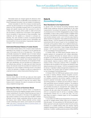 Notes to Consolidated Financial Statements
                                                                        INTERNATIONAL BUSINESS MACHINES CORPORATION AND SUBSIDIARY COMPANIES




     Receivable losses are charged against the allowance when               Note B.
management believes the uncollectibility of the receivable is con-
                                                                            Accounting Changes
firmed. Subsequent recoveries, if any, are credited to the allowance.
     Certain receivables for which the company recorded specific
                                                                            New Standards to be Implemented
reserves may also be placed on non-accrual status. Non-accrual
                                                                            In January 2010, the Financial Accounting Standards Board
assets are those receivables (impaired loans or non-performing
                                                                            (FASB) issued additional disclosure requirements for fair value
leases) with specific reserves and other accounts for which it
                                                                            measurements. According to the guidance, the fair value hierar-
is likely that the company will be unable to collect all amounts
                                                                            chy disclosures are to be further disaggregated by class of assets
due according to original terms of the lease or loan agreement.
                                                                            and liabilities. A class is often a subset of assets or liabilities within
Income recognition is discontinued on these receivables. Cash
                                                                            a line item in the statement of financial position. In addition, signif-
collections are first applied as a reduction to principal out-
                                                                            icant transfers between Levels 1 and 2 of the fair value hierarchy
standing. Any cash received in excess of principal payments
                                                                            will be required to be disclosed. These additional requirements are
outstanding is recognized as interest income. Receivables may
                                                                            effective January 1, 2010 for quarterly and annual reporting. These
be removed from non-accrual status, if appropriate, based upon
                                                                            amendments will not have an impact on the consolidated finan-
changes in client circumstances.
                                                                            cial results as this guidance relates only to additional disclosures.
                                                                            In addition, the guidance requires more detailed disclosures of the
Estimated Residual Values of Lease Assets                                   changes in Level 3 instruments. These changes will be effective
The recorded residual values of the company’s lease assets are              January 1, 2011 and are not expected to have a material impact
estimated at the inception of the lease to be the expected fair             on the Consolidated Financial Statements.
value of the assets at the end of the lease term. The company                    In October 2009, the FASB issued amended revenue rec-
periodically reassesses the realizable value of its lease residual          ognition guidance for arrangements with multiple deliverables.
values. Any anticipated increases in specific future residual values        The new guidance eliminates the residual method of revenue
are not recognized before realization through remarketing efforts.          recognition and allows the use of management’s best estimate
Anticipated decreases in specific future residual values that are           of selling price for individual elements of an arrangement when
considered to be other-than-temporary are recognized immedi-                vendor-specific objective evidence (VSOE), vendor objective
ately upon identification and are recorded as an adjustment to              evidence (VOE) or third-party evidence (TPE) is unavailable. In
the residual-value estimate. For sales-type and direct financing            accordance with the guidance, the company has elected to early
leases, this reduction lowers the recorded net investment and is            adopt its provisions as of January 1, 2010 on a prospective basis
recognized as a loss charged to financing income in the period              for all new or materially modified arrangements entered into on or
in which the estimate is changed, as well as an adjustment to               after that date. The company does not expect a material impact
unearned income to reduce future-period financing income.                   on the Consolidated Financial Statements.
                                                                                 In October 2009, the FASB issued guidance which amends
Common Stock                                                                the scope of existing software revenue recognition account-
Common stock refers to the $.20 par value per share capital                 ing. Tangible products containing software components and
stock as designated in the company’s Certificate of Incorporation.          non-software components that function together to deliver the
Treasury stock is accounted for using the cost method. When                 product’s essential functionality would be scoped out of the
treasury stock is reissued, the value is computed and recorded              accounting guidance on software and accounted for based on
using a weighted-average basis.                                             other appropriate revenue recognition guidance. This guidance
                                                                            must be adopted in the same period that the company adopts
                                                                            the amended accounting for arrangements with multiple deliv-
Earnings Per Share of Common Stock                                          erables described in the preceding paragraph. Therefore, the
Basic earnings per share of common stock is computed by                     company will also early adopt this guidance as of January 1,
dividing net income by the weighted-average number of common                2010 on a prospective basis for all new or materially modified
shares outstanding for the period. Diluted earnings per share of            arrangements entered into on or after that date. The com-
common stock is computed on the basis of the weighted-aver-                 pany does not expect a material impact on the Consolidated
age number of shares of common stock plus the effect of dilutive            Financial Statements.
potential common shares outstanding during the period using                      In June 2009, the FASB issued amendments to the account-
the treasury stock method. Dilutive potential common shares                 ing rules for variable interest entities (VIEs) and for transfers of
include outstanding stock options, stock awards and convertible             financial assets. The new guidance for VIEs eliminates the quan-
notes. See note R, “Earnings Per Share of Common Stock,” on                 titative approach previously required for determining the primary
page 104 for additional information.                                        beneficiary of a variable interest entity and requires ongoing
                                                                            qualitative reassessments of whether an enterprise is the primary
                                                                            beneficiary. In addition, qualifying special purpose entities (QSPEs)


                                                                                                                                                   79
 
