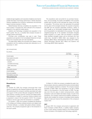 Notes to Consolidated Financial Statements
                                                                   INTERNATIONAL BUSINESS MACHINES CORPORATION AND SUBSIDIARY COMPANIES




enable stronger regulatory and corporate compliance and improve             The acquisitions were accounted for as purchase transac-
overall information technology performance. Serbian Business           tions, and accordingly, the assets and liabilities of the acquired
Systems establishes the company’s maintenance and technical            entities were recorded at their estimated fair values at the date
support services business in Serbia.                                   of acquisition. The primary items that generated the goodwill
    Global Business Services completed one acquisition in the          are the value of the synergies between the acquired companies
fourth quarter: IT Gruppen AS, which will add to the company’s         and IBM and the acquired assembled workforce, neither of
presence in the retail and media sectors.                              which qualify as an amortizable intangible asset. Substantially
    Systems and Technology completed one acquisition in the            all of the goodwill is not deductible for tax purposes. The overall
fourth quarter: XIV, Ltd., a privately held company focused on         weighted-average life of the identified amortizable intangible
storage systems technology.                                            assets acquired is 5.4 years. With the exception of goodwill,
    Purchase price consideration was paid in cash. These               these identified intangible assets will be amortized over their
acquisitions are reported in the Consolidated Statement of Cash        useful lives. Goodwill of $999 million was assigned to the
Flows net of acquired cash and cash equivalents.                       Software ($639 million), Global Business Services ($14 million),
    The table below reflects the purchase price related to these       Global Technology Services ($76 million) and Systems and
acquisitions and the resulting purchase price allocations as of        Technology ($269 million) segments.
December 31, 2007.


2007 ACQUISITIONS

($ in millions)
                                                                                                                 Amortization
                                                                                                                 Life (in Years)   Acquisitions

Current assets                                                                                                                        $ 184
Fixed assets/noncurrent                                                                                                                    31
Intangible assets:
  Goodwill                                                                                                                N/A             999
  Completed technology                                                                                                 3 to 7              93
  Client relationships                                                                                                 3 to 7              91
  Other                                                                                                                2 to 5              17
Total assets acquired                                                                                                                   1,415
Current liabilities                                                                                                                      (136)
Noncurrent liabilities                                                                                                                   (135)
Total liabilities assumed                                                                                                                (271)
Total purchase price                                                                                                                  $1,144

N/A—Not applicable



Divestitures                                                                On March 16, 2009, the company completed the sale of cer-
                                                                       tain processes, resources, assets and third-party contracts related
2009
                                                                       to its core logistics operations to Geodis. The company received
On October 26, 2009, the company announced that it had
                                                                       proceeds of $365 million and recognized a net gain of $298
signed an agreement with Dassault Systemes (DS) under which
                                                                       million on the transaction in the first quarter of 2009. The gain
DS would acquire the company’s activities associated with sales
                                                                       was net of the fair value of certain contractual terms, certain
and support of DS’s product lifecycle management (PLM) soft-
                                                                       transaction costs and related real estate charges. As part of this
ware solutions, including customer contracts and related assets.
                                                                       transaction, the company outsourced its logistics operations to
This transaction is subject to customary closing conditions and
                                                                       Geodis which enables the company to leverage industry-leading
is expected to close in the first quarter of 2010. The company
                                                                       skills and scale and improve the productivity of the company’s
expects to record a gain when this transaction is completed.
                                                                       supply chain.
     On October 1, 2009, the company completed the divestiture
of its UniData and UniVerse software products and related tools
                                                                       2007
to Rocket Software, a privately held global software develop-
                                                                       In January 2007, the company announced an agreement with
ment firm. The company recognized a gain on the transaction in
                                                                       Ricoh Company Limited (Ricoh), a publicly traded company,
the fourth quarter.
                                                                       to form a joint venture company based on the Printing System
                                                                       Division (a division of the Systems and Technology segment).

                                                                                                                                            85
 
