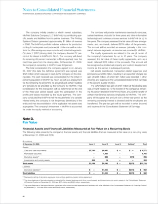Notes to Consolidated Financial Statements
INTERNATIONAL BUSINESS MACHINES CORPORATION AND SUBSIDIARY COMPANIES




     The company initially created a wholly owned subsidiary,                                       The company will provide maintenance services for one year,
InfoPrint Solutions Company, LLC (InfoPrint), by contributing spe-                              certain hardware products for three years and other information
cific assets and liabilities from its printer business. The Printing                            technology and business process services to InfoPrint for up to
Systems Division generated approximately $1 billion of revenue                                  five years. The company assessed the fair value of these arrange-
in 2006. The InfoPrint portfolio includes solutions for production                              ments, and, as a result, deferred $274 million of the proceeds.
printing for enterprises and commercial printers as well as solu-                               This amount will be recorded as revenue, primarily in the com-
tions for office workgroup environments and industrial segments.                                pany’s services segments, as services are provided to InfoPrint.
On June 1, 2007 (closing date), the company divested 51 per-                                        The royalty agreements are related to the use of certain of
cent of its interest in InfoPrint to Ricoh. The company will divest                             the company’s trademarks for up to 10 years. The company
its remaining 49 percent ownership to Ricoh quarterly over the                                  assessed the fair value of these royalty agreements, and, as a
next three years from the closing date. At December 31, 2009,                                   result, deferred $116 million of the proceeds. This amount will
the company’s ownership in InfoPrint was 8.0 percent.                                           be recognized as intellectual property and custom development
     The total consideration the company agreed to on January                                   income as it is earned in subsequent periods.
24, 2007 (the date the definitive agreement was signed) was                                         Net assets contributed, transaction-related expenses and
$725 million which was paid in cash to the company on the clos-                                 provisions were $90 million, resulting in an expected total pre-tax
ing date. The cash received was consideration for the initial 51                                gain of $245 million, of which $81 million was recorded in other
percent acquisition of InfoPrint by Ricoh as well as a prepayment                               (income) and expense in the Consolidated Statement of Earnings
for the remaining 49 percent to be acquired and certain royalties                               in the second quarter of 2007.
and services to be provided by the company to InfoPrint. Final                                      The deferred pre-tax gain of $164 million at the closing date
consideration for this transaction will be determined at the end                                was primarily related to: (1) the transfer of the company’s remain-
of the three-year period based upon the participation in the                                    ing 49 percent interest in InfoPrint to Ricoh, and, (2) the transfer of
profits and losses recorded by the equity partners. The com-                                    certain maintenance services employees to InfoPrint. The com-
pany concluded that InfoPrint met the requirements of a variable                                pany will recognize this amount over a three-year period as the
interest entity, the company is not the primary beneficiary of the                              remaining ownership interest is divested and the employees are
entity and that deconsolidation of the applicable net assets was                                transferred. The pre-tax gain will be recorded in other (income)
appropriate. The company’s investment in InfoPrint is accounted                                 and expense in the Consolidated Statement of Earnings.
for under the equity method of accounting.



Note D.
Fair Value
Financial Assets and Financial Liabilities Measured at Fair Value on a Recurring Basis
The following table presents the company’s financial assets and financial liabilities that are measured at fair value on a recurring basis
at December 31, 2009 and 2008.

($ in millions)
At December 31, 2009:                                                                              Level 1           Level 2            Level 3           Netting(1)           Total

Assets:
      Cash and cash equivalents                                                                    $2,780            $6,497               $ —               $ —            $ 9,277
      Marketable securities                                                                             —              1,791                 —                  —              1,791
      Derivative assets(2)                                                                              —                838                 —               (573)              265
      Investments and sundry assets                                                                   369                 14                 —                  —               383
Total assets                                                                                       $3,149            $9,140               $ —               $(573)         $11,716
Liabilities:
      Derivative liabilities(3)                                                                   $     —            $1,555               $ —               $(573)         $    982
Total liabilities                                                                                 $     —            $1,555               $ —               $(573)         $    982
(1)
      Represents netting of derivative exposures covered by a qualifying master netting agreement.
(2)
      The gross balances of derivative assets contained within prepaid expenses and other current assets, and investments and sundry assets in the Consolidated Statement
      of Financial Position at December 31, 2009 are $273 million and $565 million, respectively.
(3)
      The gross balances of derivative liabilities contained within other accrued expenses and liabilities, and other liabilities in the Consolidated Statement of Financial Position
      at December 31, 2009 are $906 million and $649 million, respectively.




86
 