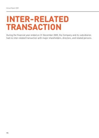 Annual Report 2009
98
INTER-RELATED
TRANSACTION
During the financial year ended on 31 December 2009, the Company and its subsidiaries
had no inter-related transaction with major shareholders, directors, and related persons.
 