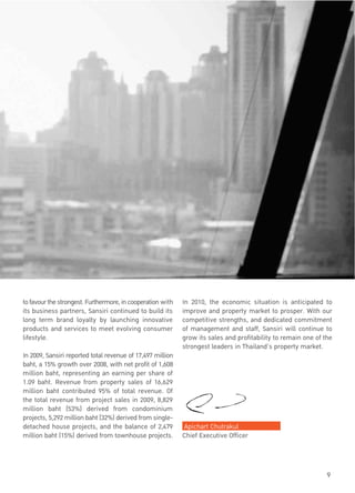 9
tofavourthestrongest.Furthermore,incooperation with
its business partners, Sansiri continued to build its
long term brand loyalty by launching innovative
products and services to meet evolving consumer
lifestyle.
In 2009, Sansiri reported total revenue of 17,497 million
baht, a 15% growth over 2008, with net profit of 1,608
million baht, representing an earning per share of
1.09 baht. Revenue from property sales of 16,629
million baht contributed 95% of total revenue. Of
the total revenue from project sales in 2009, 8,829
million baht (53%) derived from condominium
projects, 5,292 million baht (32%) derived from single-
detached house projects, and the balance of 2,479
million baht (15%) derived from townhouse projects.
In 2010, the economic situation is anticipated to
improve and property market to prosper. With our
competitive strengths, and dedicated commitment
of management and staff, Sansiri will continue to
grow its sales and profitability to remain one of the
strongest leaders in Thailand’s property market.
Apichart Chutrakul
Chief Executive Officer
 