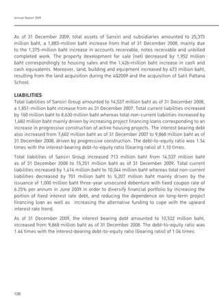 Annual Report 2009
108
As of 31 December 2009, total assets of Sansiri and subsidiaries amounted to 25,375
million baht, a 1,883-million baht increase from that of 31 December 2008, mainly due
to the 1,375-million baht increase in accounts receivable, notes receivable and unbilled
completed work. The property development for sale (net) decreased by 1,952 million
baht correspondingly to housing sales and the 1,426-million baht increase in cash and
cash equivalents. Moreover, land, building and equipment increased by 473 million baht,
resulting from the land acquisition during the 4Q2009 and the acquisition of Satit Pattana
School.
LIABILITIES
Total liabilities of Sansiri Group amounted to 14,537 million baht as of 31 December 2008,
a 1,851-million baht increase from as 31 December 2007. Total current liabilities increased
by 160 million baht to 8,630 million baht whereas total non-current liabilities increased by
1,682 million baht mainly driven by increasing project financing loans corresponding to an
increase in progressive construction of active housing projects. The interest bearing debt
also increased from 7,602 million baht as of 31 December 2007 to 9,868 million baht as of
31 December 2008, driven by progressive construction. The debt-to-equity ratio was 1.54
times with the interest-bearing debt-to-equity ratio (Gearing ratio) of 1.10 times.
Total liabilities of Sansiri Group increased 713 million baht from 14,537 million baht
as of 31 December 2008 to 15,251 million baht as of 31 December 2009. Total current
liabilities increased by 1,414 million baht to 10,044 million baht whereas total non-current
liabilities decreased by 701 million baht to 5,207 million baht mainly driven by the
issuance of 1,000 million baht three-year unsecured debenture with fixed coupon rate of
6.25% per annum in June 2009 in order to diversify financial portfolio by increasing the
portion of fixed interest rate debt, and reducing the dependence on long-term project
financing loan as well as increasing the alternative funding to cope with the upward
interest rate trend.
As of 31 December 2009, the interest bearing debt amounted to 10,532 million baht,
increased from 9,868 million baht as of 31 December 2008. The debt-to-equity ratio was
1.44 times with the interest-bearing debt-to-equity ratio (Gearing ratio) of 1.04 times.
 