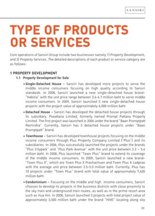 33
TYPE OF PRODUCTS
OR SERVICESCore operations of Sansiri Group include two businesses namely 1) Property Development,
and 2) Property Services. The detailed descriptions of each product or service category are
as follows:
1 PROPERTY DEVELOPMENT
1.1 Property Development for Sale
!"#$%&'()*(+,-.(/"0123( – Sansiri has developed more projects to serve the
middle income consumers focusing on high quality according to Sansiri
standards. In 2008, Sansiri launched a new single-detached house brand-
“Habitia” with the unit price range between 3.6-4.7 million baht to serve middle
income consumers. In 2009, Sansiri launched 5 new single-detached house
projects with the project value of approximately 6,000 million baht.
!"*(+,-.(/"0123( – Sansiri has developed the detached house projects through
its subsidiary, Piwattana Limited, formerly named Prompt Pattana Property
Limited. The first project was launched in 2006 under the brand “Baan Promptpatt
Ramindra”. Currently, Sansiri has 3 detached house projects under “Baan
Promptpatt” brand.
!"415%.123( – Sansiri has developed townhouse projects focusing on the middle
income consumers through Plus Property Company Limited (“Plus”) and its
subsidiaries. In 2006, Plus successfully launched the projects under the brands
“Plus Citypark” and “Plus Park Avenue” with the unit price between 3.3 – 5.4
million baht. In 2008, Plus launched “Town Plus” brand to extend its coverage
of the middle income consumers. In 2009, Sansiri launched a new brand-
“Town Plus X”, which are Town Plus X Prachachuen and Town Plus X Ladprao
with the average unit price between 3.5-5.0 million baht. Currently, Plus has
10 projects under “Town Plus” brand with total value of approximately 7,400
million baht.
!"61%/17$%$27 – Focusing on the middle and high income consumers, Sansiri
chooses to develop its projects in the business districts with close proximity to
the sky train and underground train routes, as well as in the prime resort area
such as Hua Hin. In 2008, Sansiri launched 3 projects with total project value of
approximately 3,500 million baht under the brand “HIVE” locating along sky
 