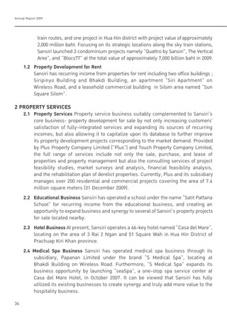 Annual Report 2009
34
train routes, and one project in Hua Hin district with project value ofapproximately
2,000 million baht. Focusing on its strategic locations along the sky train stations,
Sansiri launched 3 condominium projects namely “Quattro by Sansiri”, The Vertical
Aree”, and “Blocs77” at the total value of approximately 7,000 billion baht in 2009.
1.2 Property Development for Rent
Sansiri has recurring income from properties for rent including two office buildings ;
Siripinyo Building and Bhakdi Building, an apartment “Siri Apartment” on
Wireless Road, and a leasehold commercial building in Silom area named “Sun
Square Silom”.
2 PROPERTY SERVICES
2.1 Property Services Property service business suitably complemented to Sansiri’s
core business- property development for sale by not only increasing customers’
satisfaction of fully-integrated services and expanding its sources of recurring
incomes, but also allowing it to capitalize upon its database to further improve
its property development projects corresponding to the market demand. Provided
by Plus Property Company Limited (“Plus”) and Touch Property Company Limited,
the full range of services include not only the sale, purchase, and lease of
properties and property management but also the consulting services of project
feasibility studies, market surveys and analysis, financial feasibility analysis,
and the rehabilitation plan of derelict properties. Currently, Plus and its subsidiary
manages over 200 residential and commercial projects covering the area of 7.4
million square meters (31 December 2009).
2.2 Educational Business Sansiri has operated a school under the name “Satit Pattana
School” for recurring income from the educational business, and creating an
opportunity to expand business and synergy to several of Sansiri’s property projects
for sale located nearby.
2.3 HotelBusinessAt present, Sansiri operates a 46-key hotel named “Casa del Mare”,
locating on the area of 3 Rai 2 Ngan and 51 Square Wah in Hua Hin District of
Prachuap Kiri Khan province.
2.4 Medical Spa Business Sansiri has operated medical spa business through its
subsidiary, Papanan Limited under the brand “S Medical Spa”, locating at
Bhakdi Building on Wireless Road. Furthermore, “S Medical Spa” expands its
business opportunity by launching “seaSpa”, a one-stop spa service center at
Casa del Mare Hotel, in October 2007. It can be viewed that Sansiri has fully
utilized its existing businesses to create synergy and truly add more value to the
hospitality business.
 