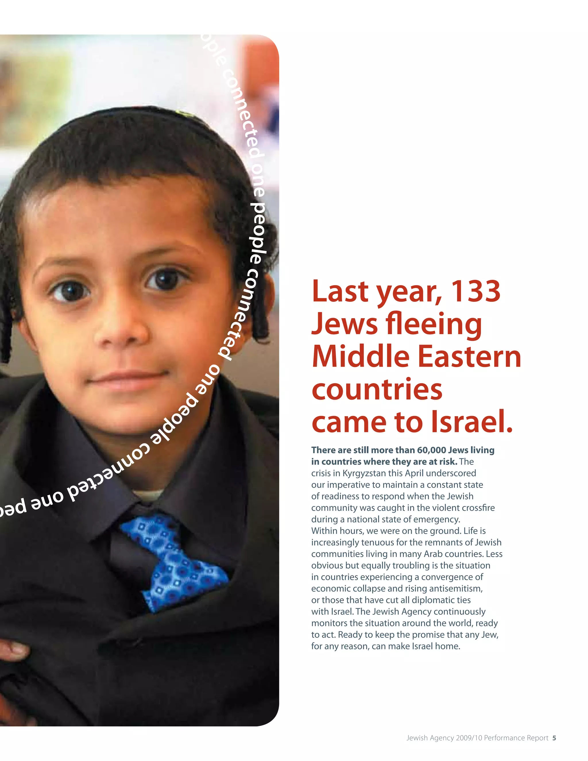 ne
                     pe
                       op
                      conle
                         nect
                             ed one people conne

                                                               Last year, 133
                                                               Jews fleeing
                                                cte




                                                               Middle Eastern
                                                   d on




                                                               countries
                                                       e pe




                                                               came to Israel.
                                                           o




pl
  ec
    on                                                         There are still more than 60,000 Jews living
      ne                                                       in countries where they are at risk. The
        cte                                                    crisis in Kyrgyzstan this April underscored
           d on                                                our imperative to maintain a constant state
               e pe                                            of readiness to respond when the Jewish
                                                               community was caught in the violent crossfire
                                                               during a national state of emergency.
                                                               Within hours, we were on the ground. Life is
                                                               increasingly tenuous for the remnants of Jewish
                                                               communities living in many Arab countries. Less
                                                               obvious but equally troubling is the situation
                                                               in countries experiencing a convergence of
                                                               economic collapse and rising antisemitism,
                                                               or those that have cut all diplomatic ties
                                                               with Israel. The Jewish Agency continuously
                                                               monitors the situation around the world, ready
                                                               to act. Ready to keep the promise that any Jew,
                                                               for any reason, can make Israel home.




                                                                                      Jewish Agency 2009/10 Performance Report 5
 
