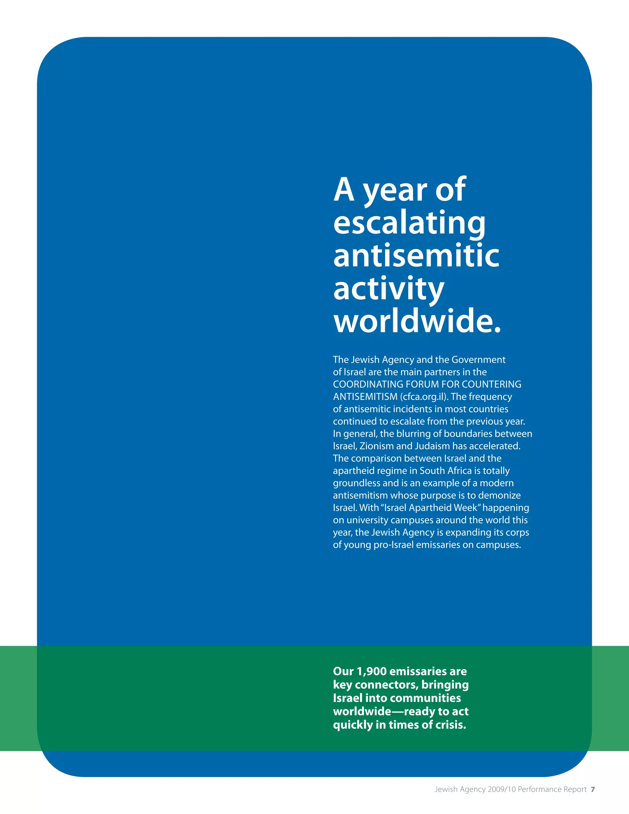 A year of
escalating
antisemitic
activity
worldwide.
The Jewish Agency and the Government
of Israel are the main partners in the
COORDINATING FORUM FOR COUNTERING
ANTISEMITISM (cfca.org.il). The frequency
of antisemitic incidents in most countries
continued to escalate from the previous year.
In general, the blurring of boundaries between
Israel, Zionism and Judaism has accelerated.
The comparison between Israel and the
apartheid regime in South Africa is totally
groundless and is an example of a modern
antisemitism whose purpose is to demonize
Israel. With “Israel Apartheid Week” happening
on university campuses around the world this
year, the Jewish Agency is expanding its corps
of young pro-Israel emissaries on campuses.




Our 1,900 emissaries are
key connectors, bringing
Israel into communities
worldwide—ready to act
quickly in times of crisis.




                       Jewish Agency 2009/10 Performance Report 7
 