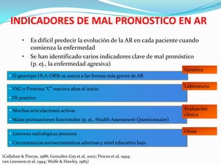 INDICADORES DE MAL PRONOSTICO EN AR
           •   Es difícil predecir la evolución de la AR en cada paciente cuando
               comienza la enfermedad
           •   Se han identificado varios indicadores clave de mal pronóstico
               (p. ej., la enfermedad agresiva)
                                                                                 Genética
   • El genotipo HLA-DRB1 se asocia a las formas más graves de AR
                                                                                 Laboratorio
   • VSG o Proteina “C” reactiva altas al inicio
   • FR positivo

    • Muchas articulaciones activas                                              Evaluación
                                                                                 clínica
    • Malas puntuaciones funcionales (p. ej., Health Assessment Questionnaire)

    • Lesiones radiológicas precoces                                             Otros

    • Circunstancias socioeconómicas adversas y nivel educativo bajo

(Callahan & Pincus, 1988; González-Gay et al, 2002; Pincus et al, 1994;
van Leeuwen et al, 1994; Wolfe & Hawley, 1985)
 