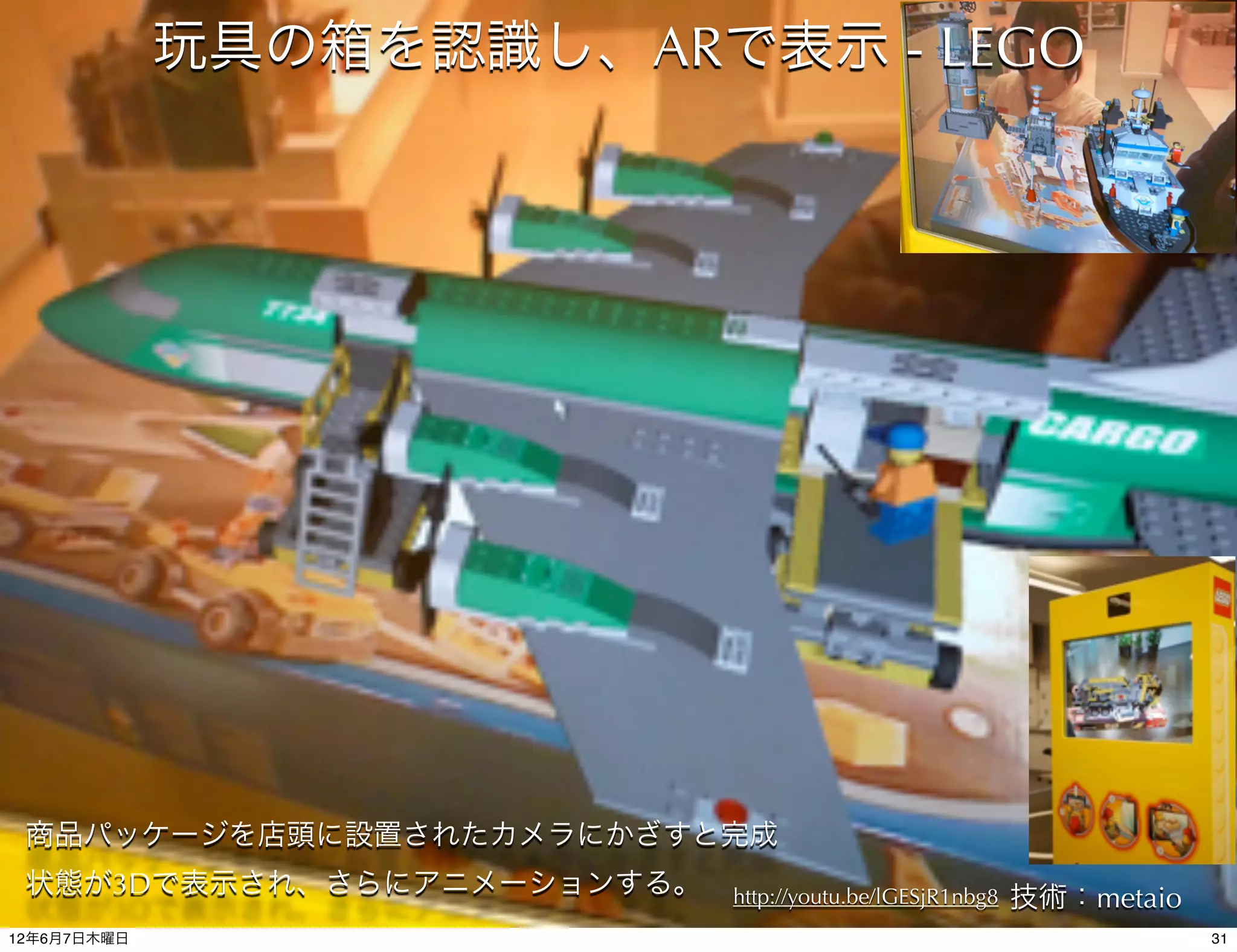 玩具の箱を認識し、ARで表示 - LEGO




 商品パッケージを店頭に設置されたカメラにかざすと完成
 状態が3Dで表示され、さらにアニメーションする。   http://youtu.be/lGESjR1nbg8   技術：metaio
12年6月7日木曜日                                                            31
 