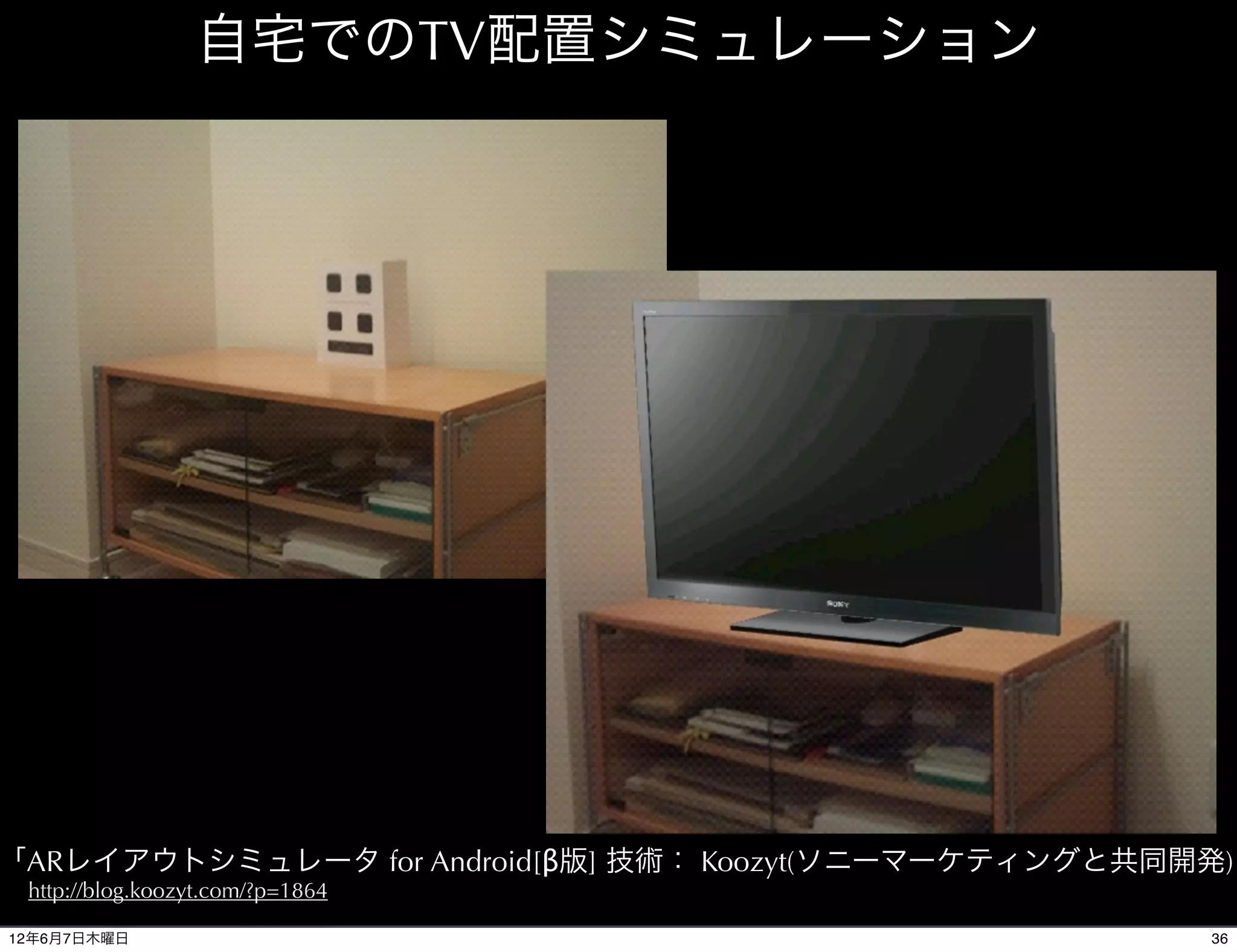 自宅でのTV配置シミュレーション




「ARレイアウトシミュレータ for Android[β版] 技術： Koozyt(ソニーマーケティングと共同開発)
 http://blog.koozyt.com/?p=1864

12年6月7日木曜日                                              36
 