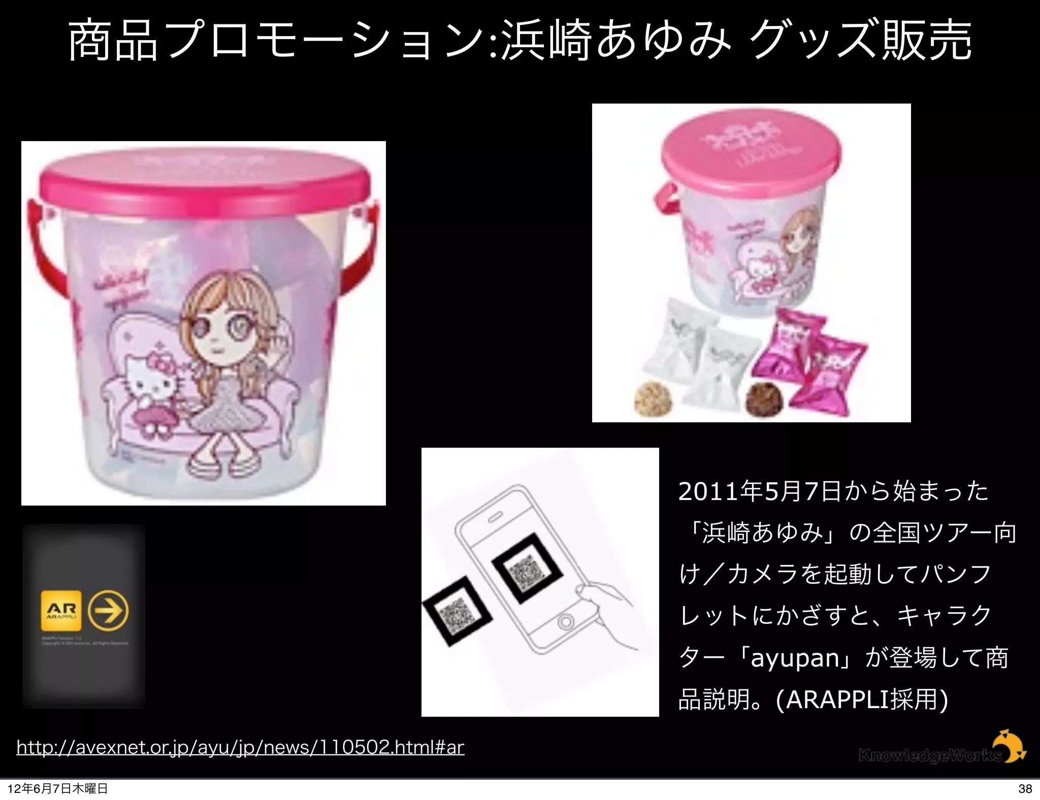 商品プロモーション:浜崎あゆみ グッズ販売




                                                  2011年5月7日から始まった
                                                  「浜崎あゆみ」の全国ツアー向
                                                  け／カメラを起動してパンフ
                                                  レットにかざすと、キャラク
                                                  ター「ayupan」が登場して商
                                                  品説明。(ARAPPLI採用)
http://avexnet.or.jp/ayu/jp/news/110502.html#ar

12年6月7日木曜日                                                           38
 