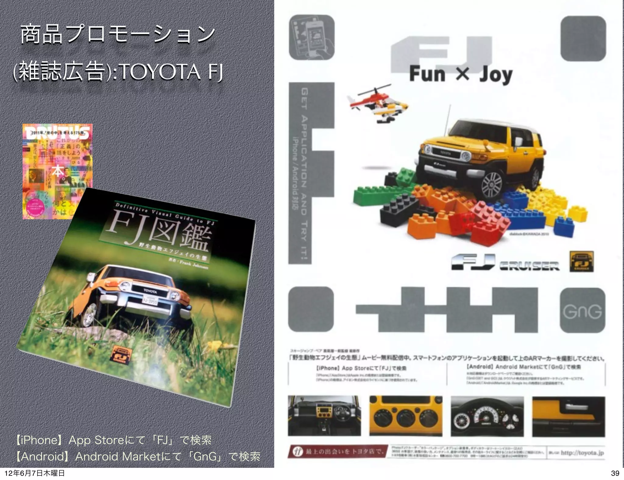商品プロモーション
 (雑誌広告):TOYOTA FJ




【iPhone】App Storeにて「FJ」で検索
【Android】Android Marketにて「GnG」で検索
12年6月7日木曜日                          39
 