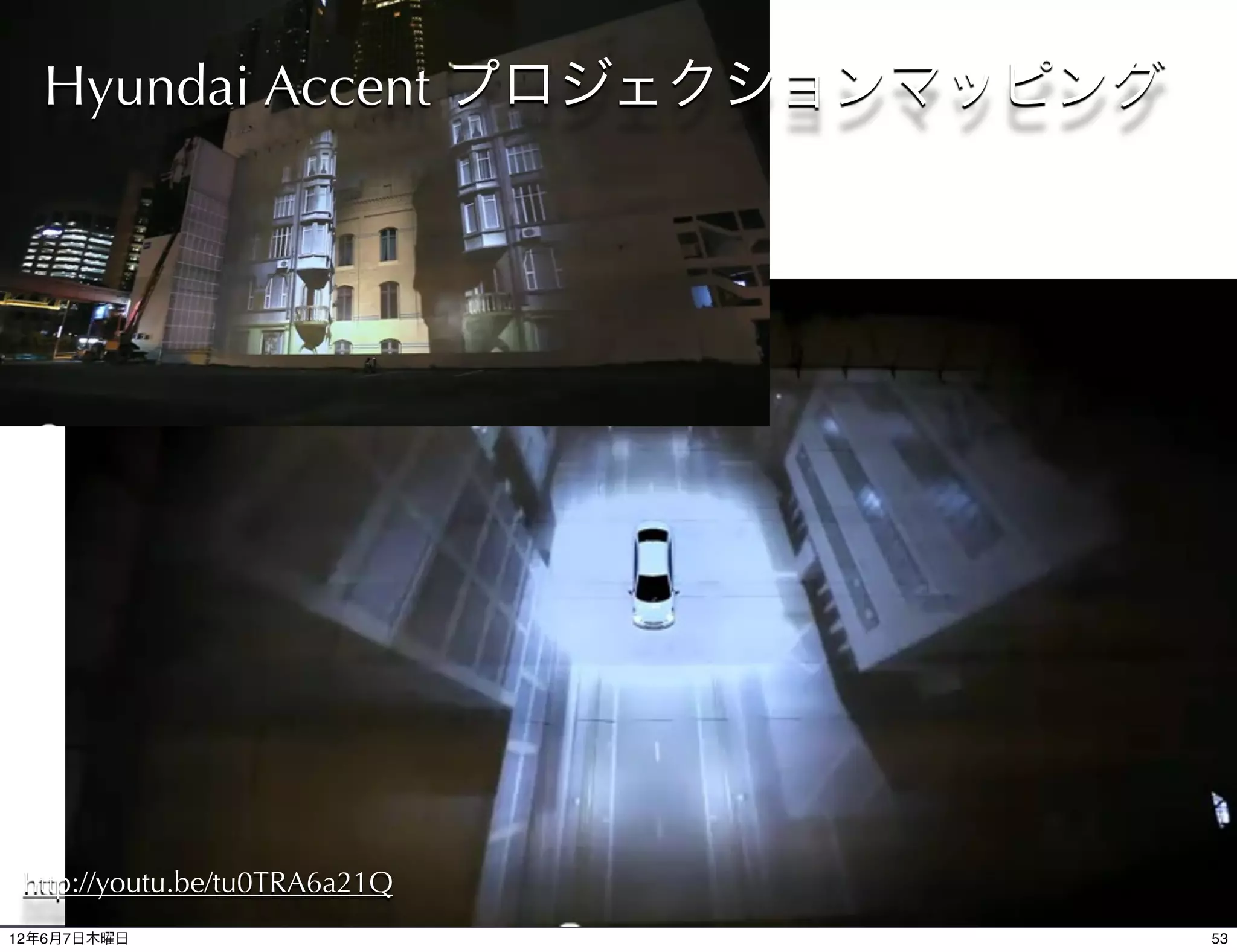Hyundai Accent プロジェクションマッピング




 http://youtu.be/tu0TRA6a21Q
12年6月7日木曜日                       53
 