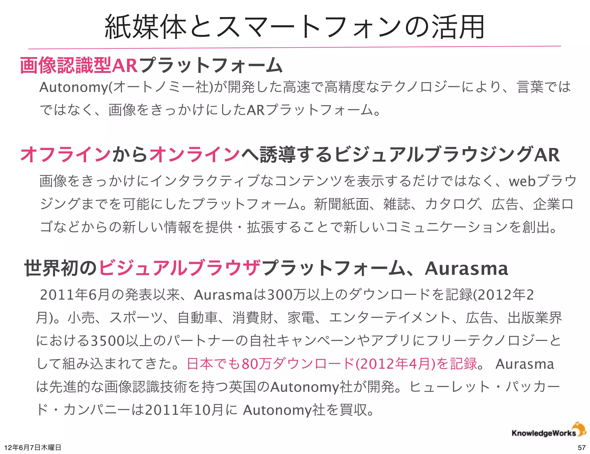 紙媒体とスマートフォンの活用
  画像認識型ARプラットフォーム
      Autonomy(オートノミー社)が開発した高速で高精度なテクノロジーにより、言葉では
      ではなく、画像をきっかけにしたARプラットフォーム。


  オフラインからオンラインへ誘導するビジュアルブラウジングAR
      画像をきっかけにインタラクティブなコンテンツを表示するだけではなく、webブラウ
      ジングまでを可能にしたプラットフォーム。新聞紙面、雑誌、カタログ、広告、企業ロ
      ゴなどからの新しい情報を提供・拡張することで新しいコミュニケーションを創出。


   世界初のビジュアルブラウザプラットフォーム、Aurasma
      2011年6月の発表以来、Aurasmaは300万以上のダウンロードを記録(2012年2
     月)。小売、スポーツ、自動車、消費財、家電、エンターテイメント、広告、出版業界
     における3500以上のパートナーの自社キャンペーンやアプリにフリーテクノロジーと
     して組み込まれてきた。日本でも80万ダウンロード(2012年4月)を記録。 Aurasma
     は先進的な画像認識技術を持つ英国のAutonomy社が開発。ヒューレット・パッカー
     ド・カンパニーは2011年10月に Autonomy社を買収。

12年6月7日木曜日                                           57
 