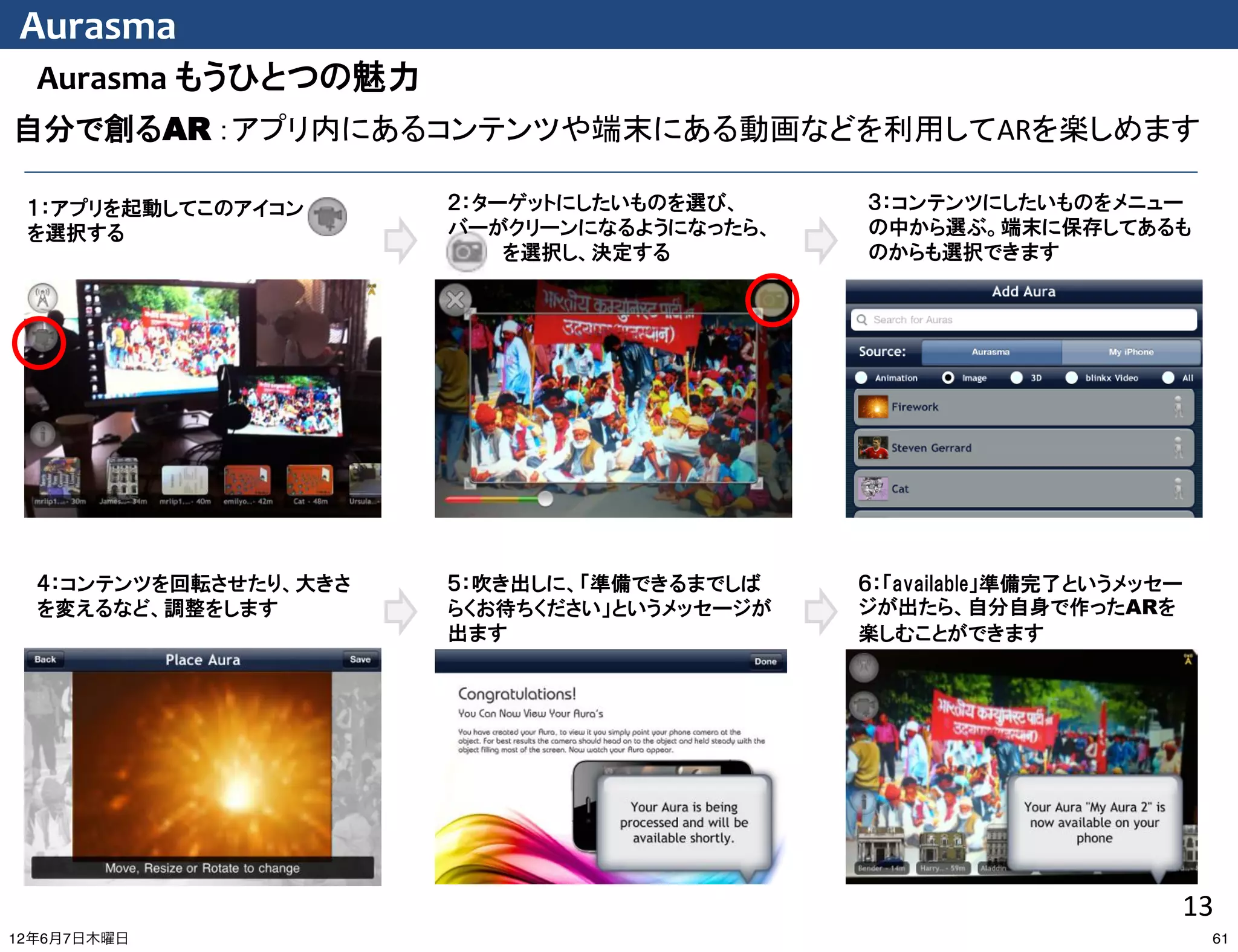 Aurasma
  Aurasma もうひとつの魅力
自分で創るAR ：アプリ内にあるコンテンツや端末にある動画などを利用してARを楽しめます

 １：アプリを起動してこのアイコン      ２：ターゲットにしたいものを選び、     ３：コンテンツにしたいものをメニュー
 を選択する                 バーがクリーンになるようになったら、    の中から選ぶ。端末に保存してあるも
                           を選択し、決定する         のからも選択できます




  ４：コンテンツを回転させたり、大きさ   ５：吹き出しに、「準備できるまでしば    ６：「available」準備完了というメッセー
  を変えるなど、調整をします        らくお待ちください」というメッセージが   ジが出たら、自分自身で作ったARを
                       出ます                   楽しむことができます




                                                                    13
12年6月7日木曜日                                                              61
 