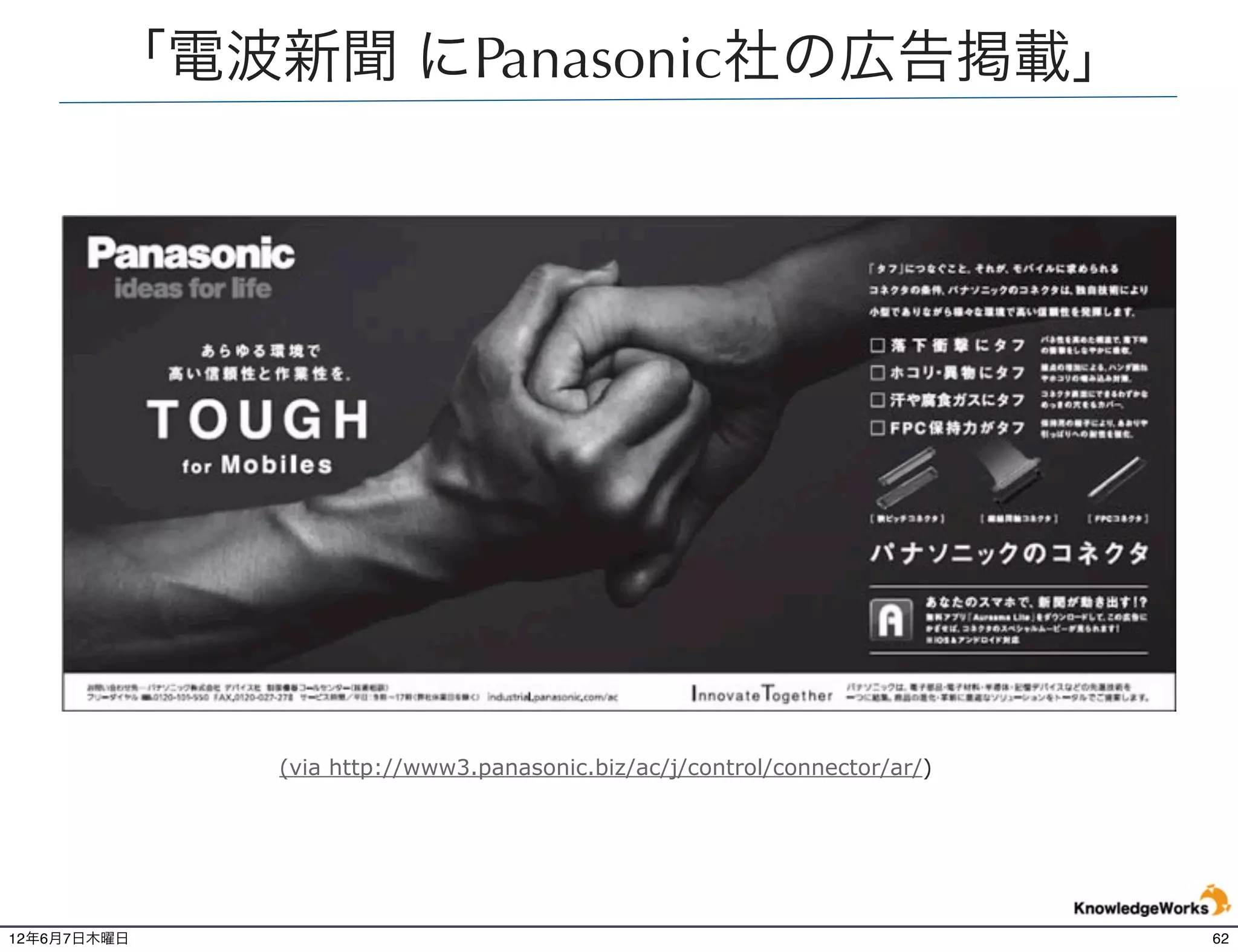 「電波新聞 にPanasonic社の広告掲載」




             (via http://www3.panasonic.biz/ac/j/control/connector/ar/)




12年6月7日木曜日                                                                62
 