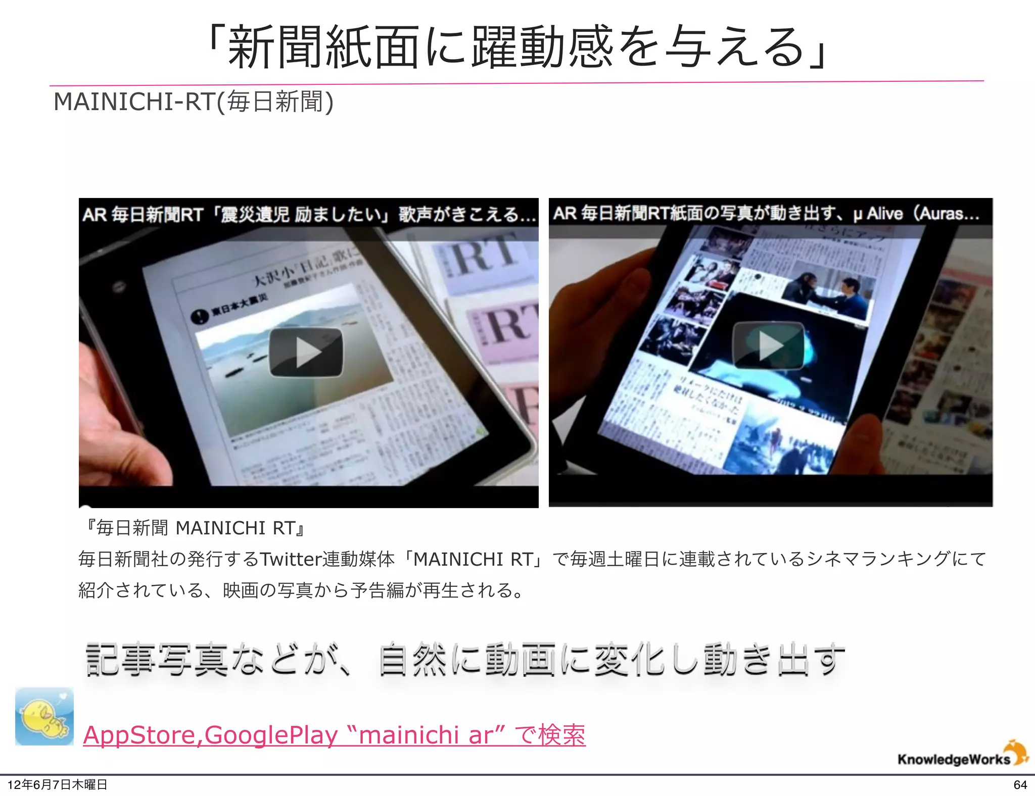 「新聞紙面に躍動感を与える」
    MAINICHI-RT(毎日新聞)




       『毎日新聞 MAINICHI RT』
       毎日新聞社の発行するTwitter連動媒体「MAINICHI RT」で毎週土曜日に連載されているシネマランキングにて
       紹介されている、映画の写真から予告編が再生される。



       記事写真などが、自然に動画に変化し動き出す
       AppStore,GooglePlay “mainichi ar” で検索
12年6月7日木曜日                                                          64
 