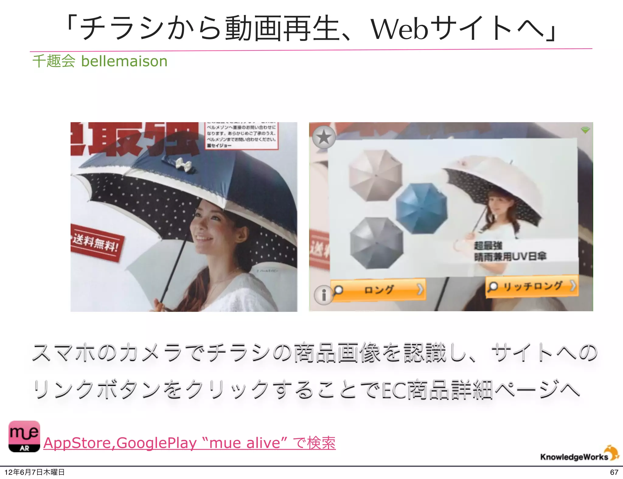 「チラシから動画再生、Webサイトへ」
    千趣会 bellemaison




    スマホのカメラでチラシの商品画像を認識し、サイトへの
    リンクボタンをクリックすることでEC商品詳細ページへ

      AppStore,GooglePlay “mue alive” で検索
12年6月7日木曜日                                  67
 