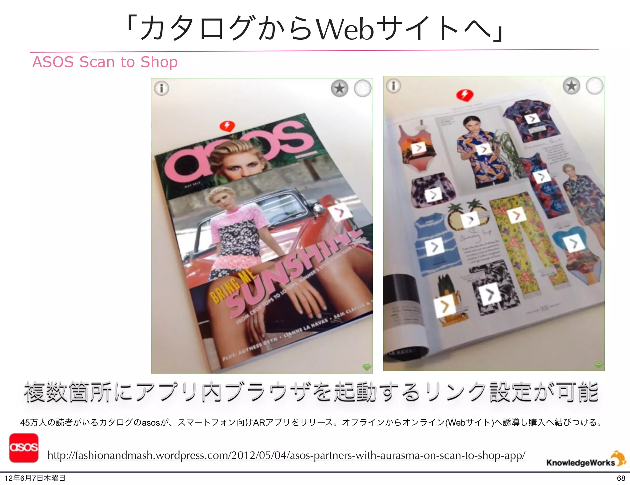 「カタログからWebサイトへ」
    ASOS Scan to Shop




   複数箇所にアプリ内ブラウザを起動するリンク設定が可能
  45万人の読者がいるカタログのasosが、スマートフォン向けARアプリをリリース。オフラインからオンライン(Webサイト)へ誘導し購入へ結びつける。


       http://fashionandmash.wordpress.com/2012/05/04/asos-partners-with-aurasma-on-scan-to-shop-app/
12年6月7日木曜日                                                                                              68
 