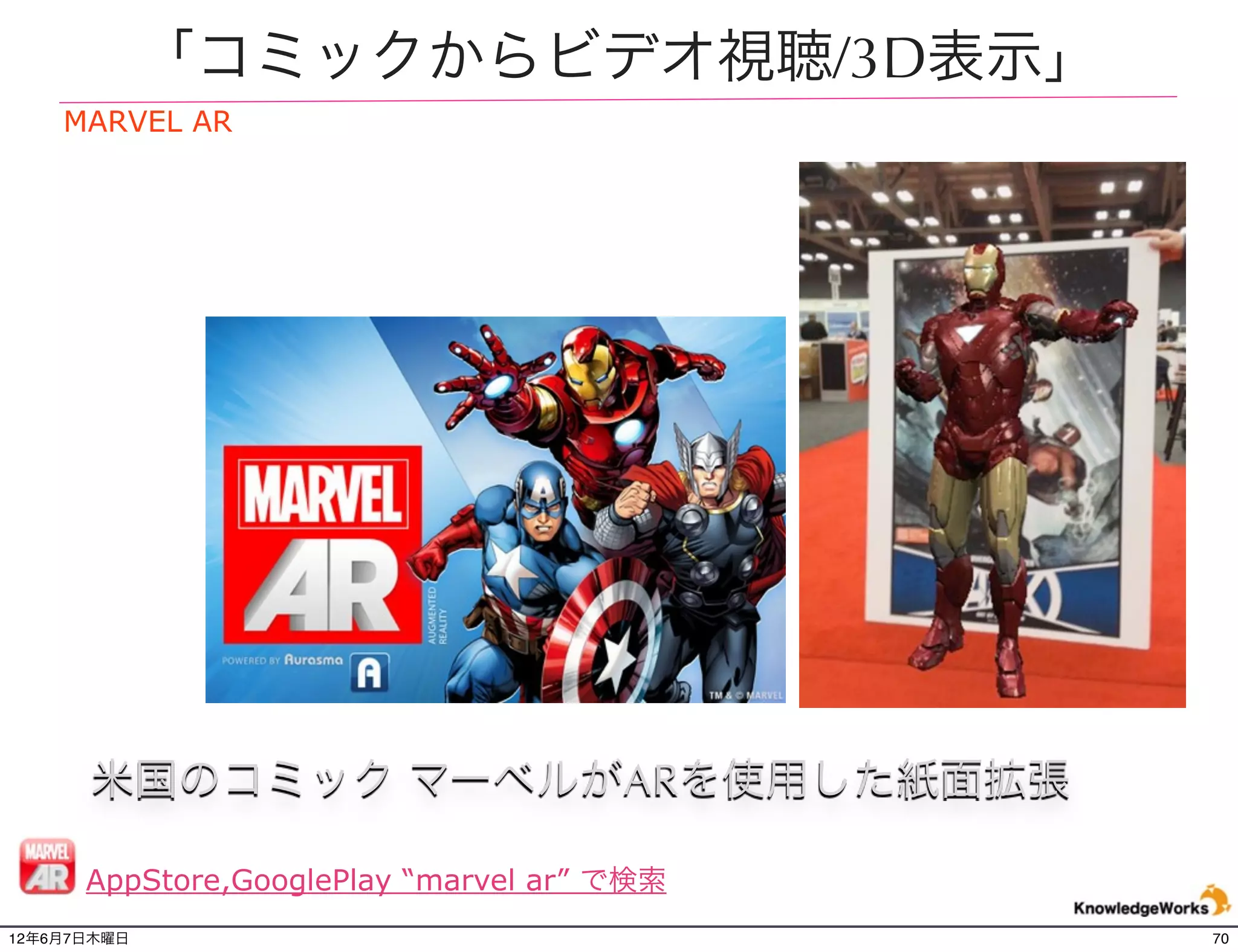 「コミックからビデオ視聴/3D表示」
    MARVEL AR




      米国のコミック マーベルがARを使用した紙面拡張

      AppStore,GooglePlay “marvel ar” で検索
12年6月7日木曜日                                  70
 
