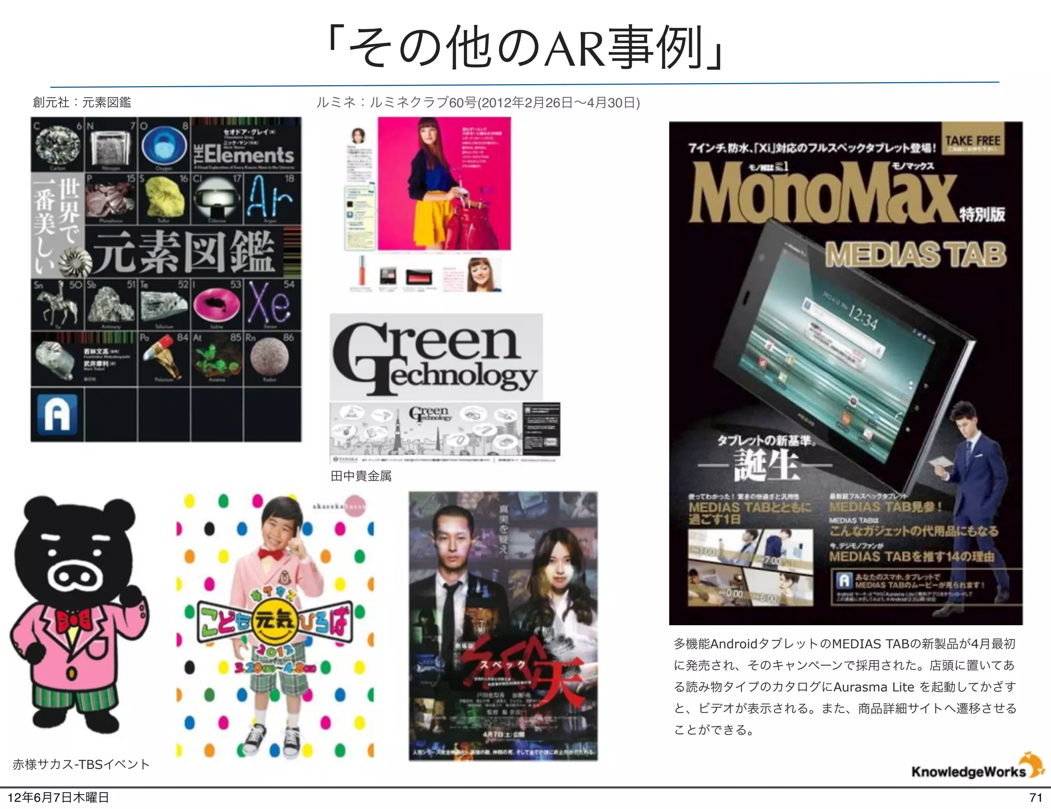 「その他のAR事例」
  創元社：元素図鑑      ルミネ：ルミネクラブ60号(2012年2月26日∼4月30日)




                 田中貴金属




                                                  多機能AndroidタブレットのMEDIAS TABの新製品が4月最初
                                                  に発売され、そのキャンペーンで採用された。店頭に置いてあ
                                                  る読み物タイプのカタログにAurasma Lite を起動してかざす
                                                  と、ビデオが表示される。また、商品詳細サイトへ遷移させる
                                                  ことができる。

赤様サカス-TBSイベント

12年6月7日木曜日                                                                              71
 