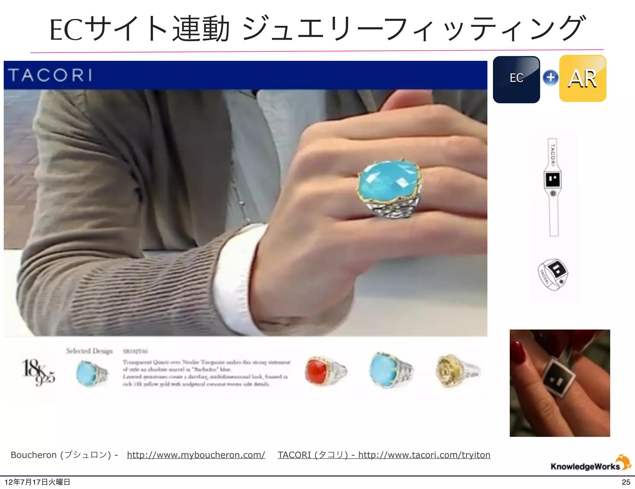 ネイルカラーのシミュレーション
                                                            EC   AR




 Virtually try on all 40 shades of Maybelline New York
 ColorShow Nail Lacquer with the new augmented
 reality app powered by Blippar! Get more info at http://
 www.maybelline.com/colorshow.
12年7月21日土曜日                                                           25
 