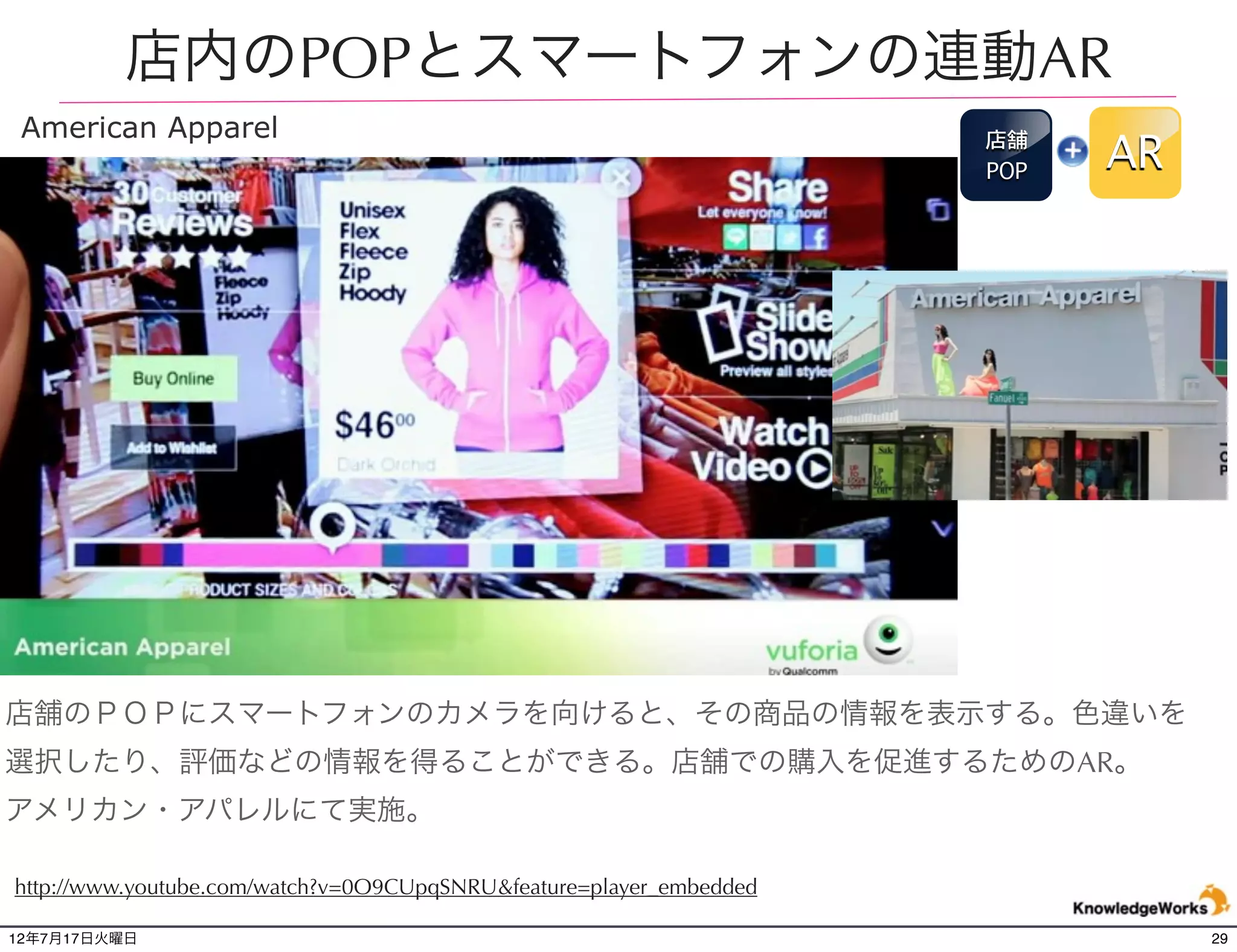 お菓子のパッケージで遊べるAR
                                             パッ
                                            ケージ   AR




 Chocolate bar wrapper のパッケージに、スマートフォンのカメラをかざすと、そのパッケー
 ジを画像認識し、ゲームが出来る。獲得した得点を競うことができる。
http://www.youtube.com/user/spotsvstripes

12年7月21日土曜日                                              29
 